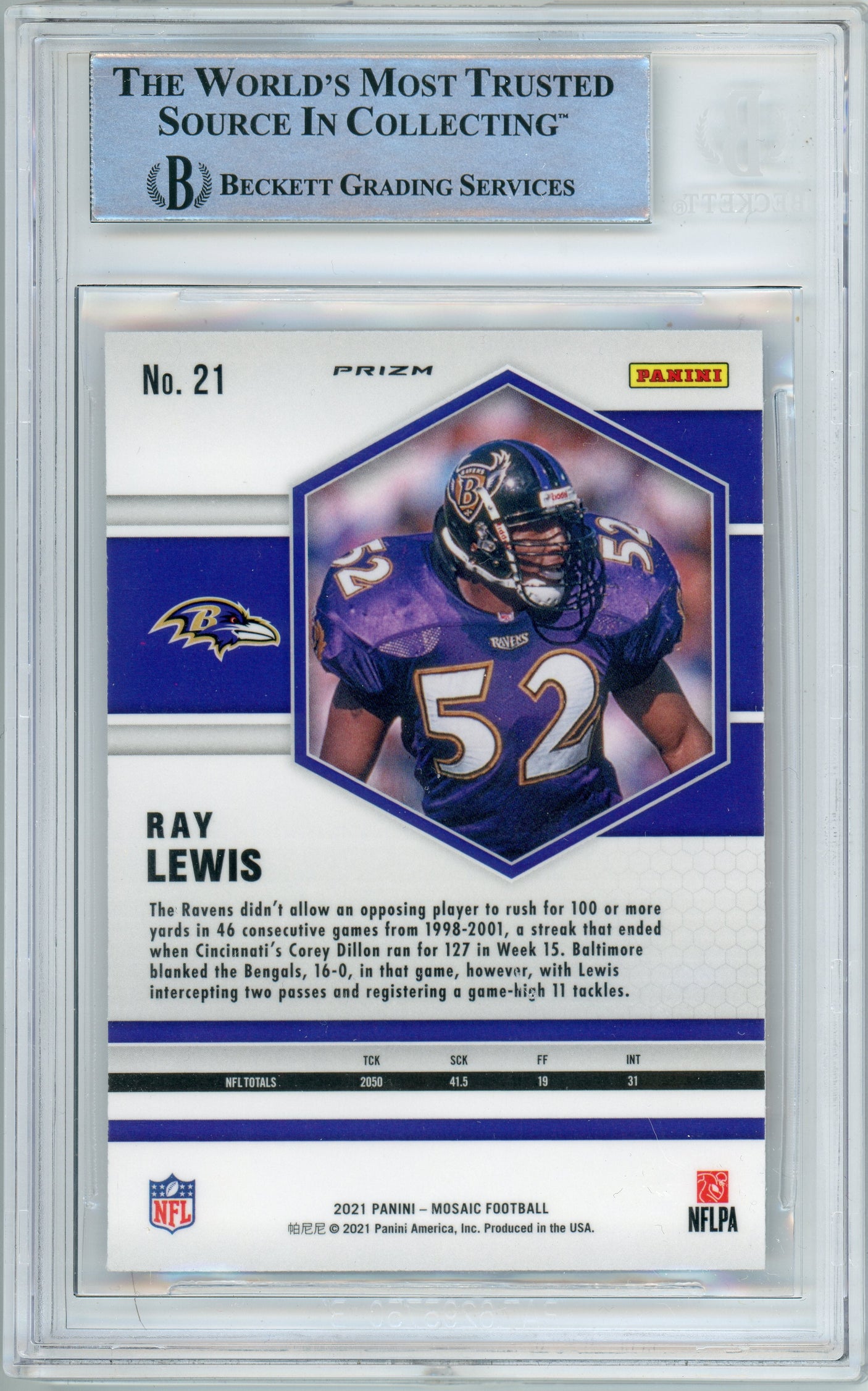 2021 Panini Mosaic Reactive Orange #21 Ray Lewis Ravens BGS Autograph