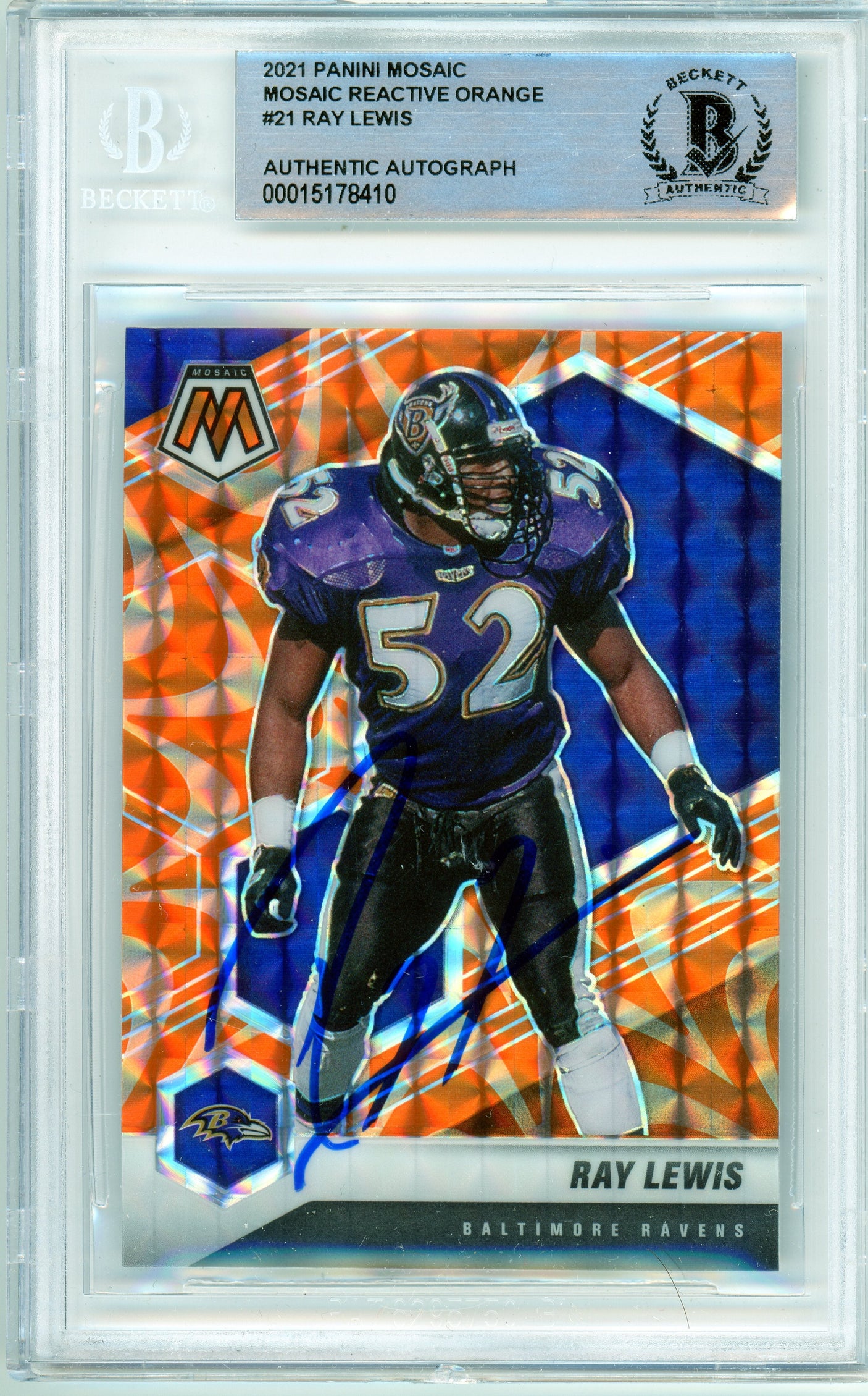 2021 Panini Mosaic Reactive Orange #21 Ray Lewis Ravens BGS Autograph
