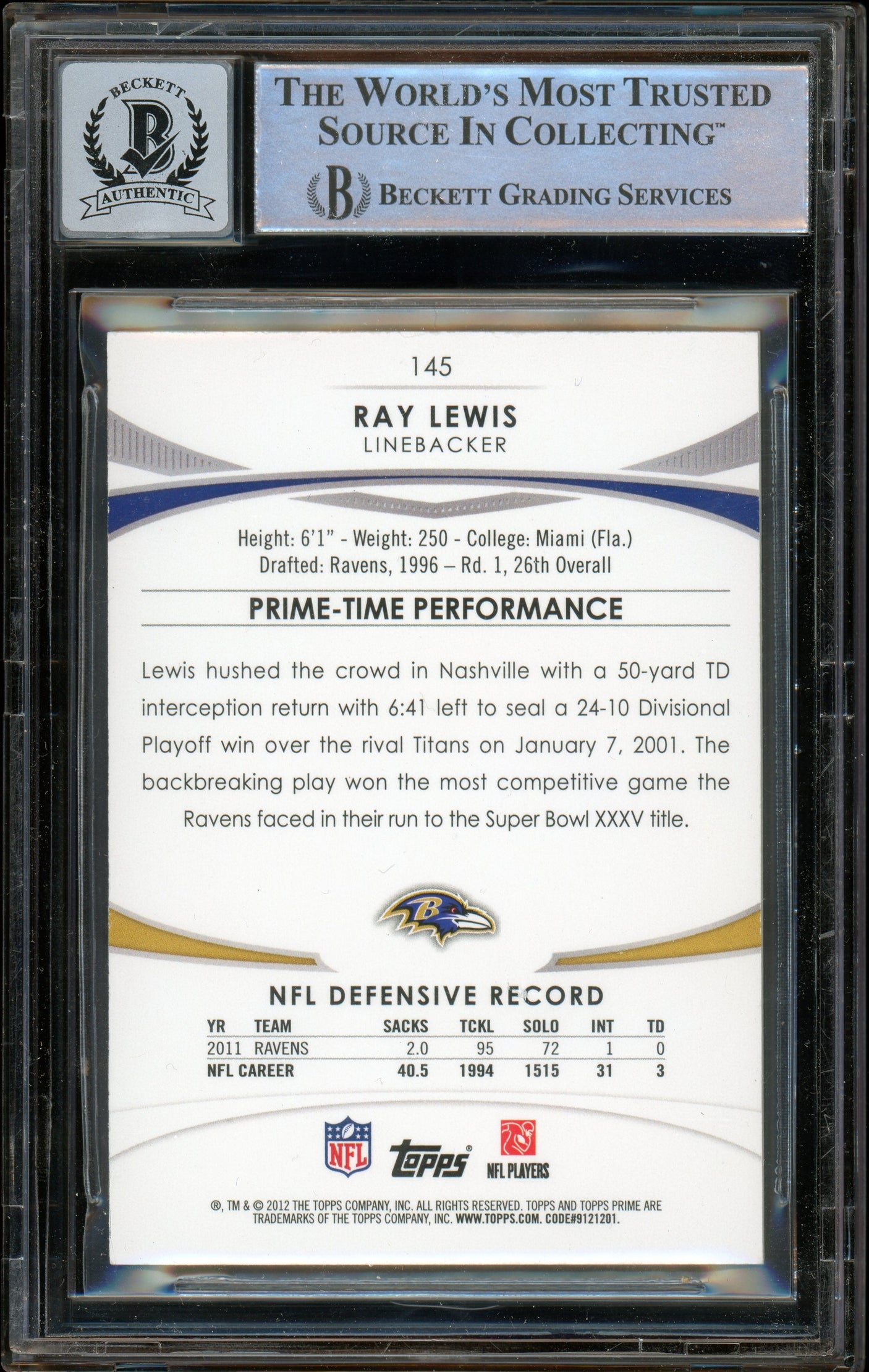 2012 Topps Prime #145 Ray Lewis Baltimore Ravens BGS Autograph 10