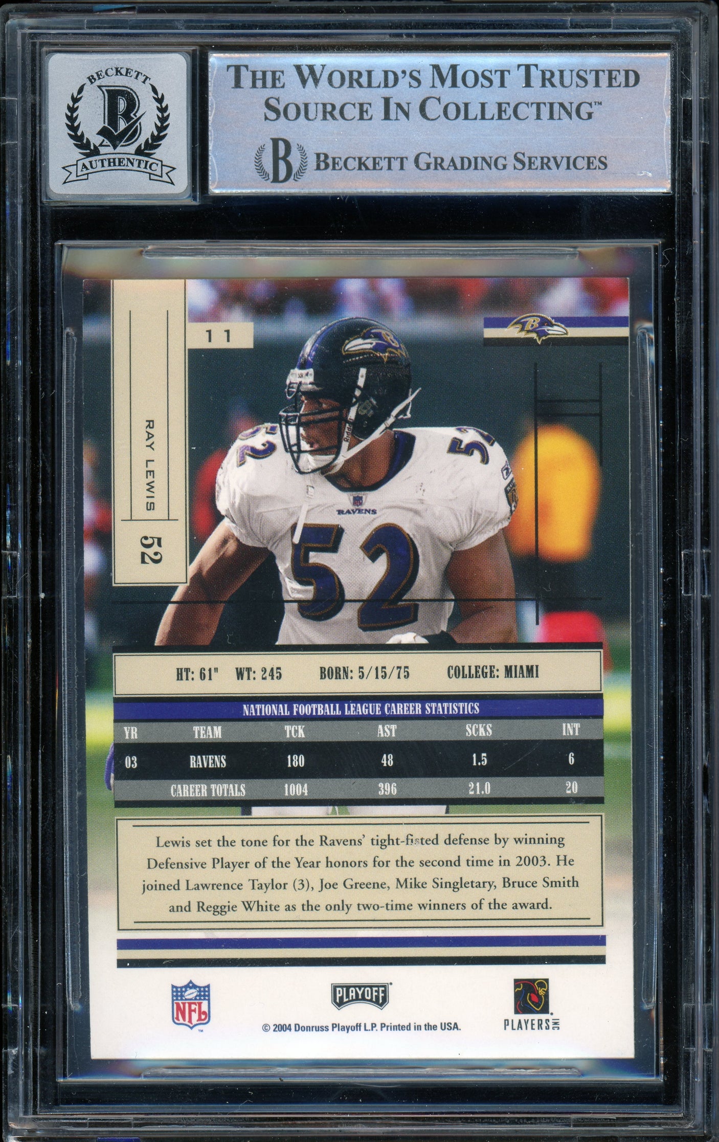 2004 Absolute Memorabilia Retail #11 Ray Lewis Ravens BGS Autograph 10