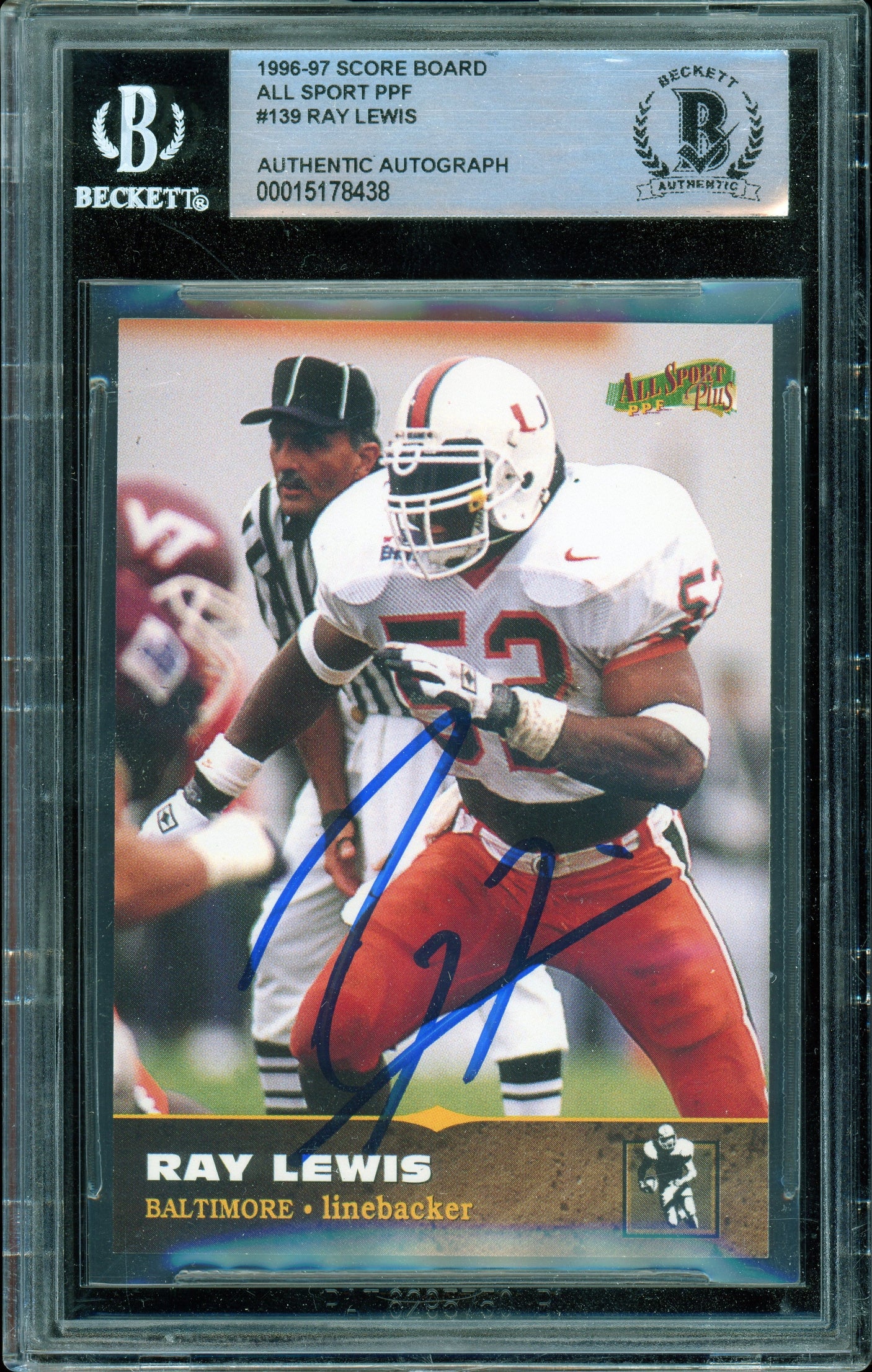1996-97 Score Board All Sport PPF #139 Ray Lewis RC Hurricanes BGS Autograph