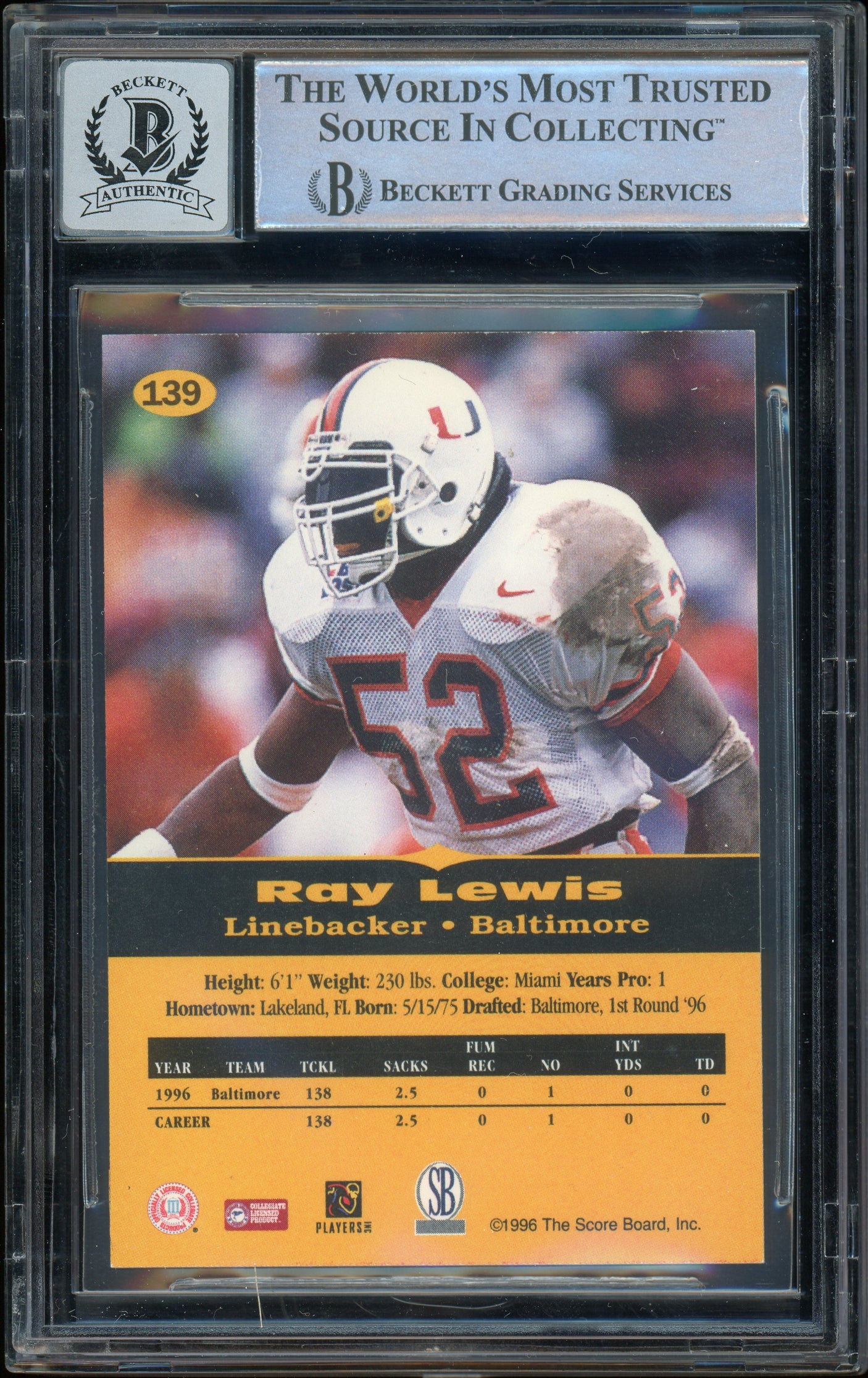 1996-97 Score Board All Sport PPF #139 Ray Lewis RC Hurricanes BGS Autograph 10