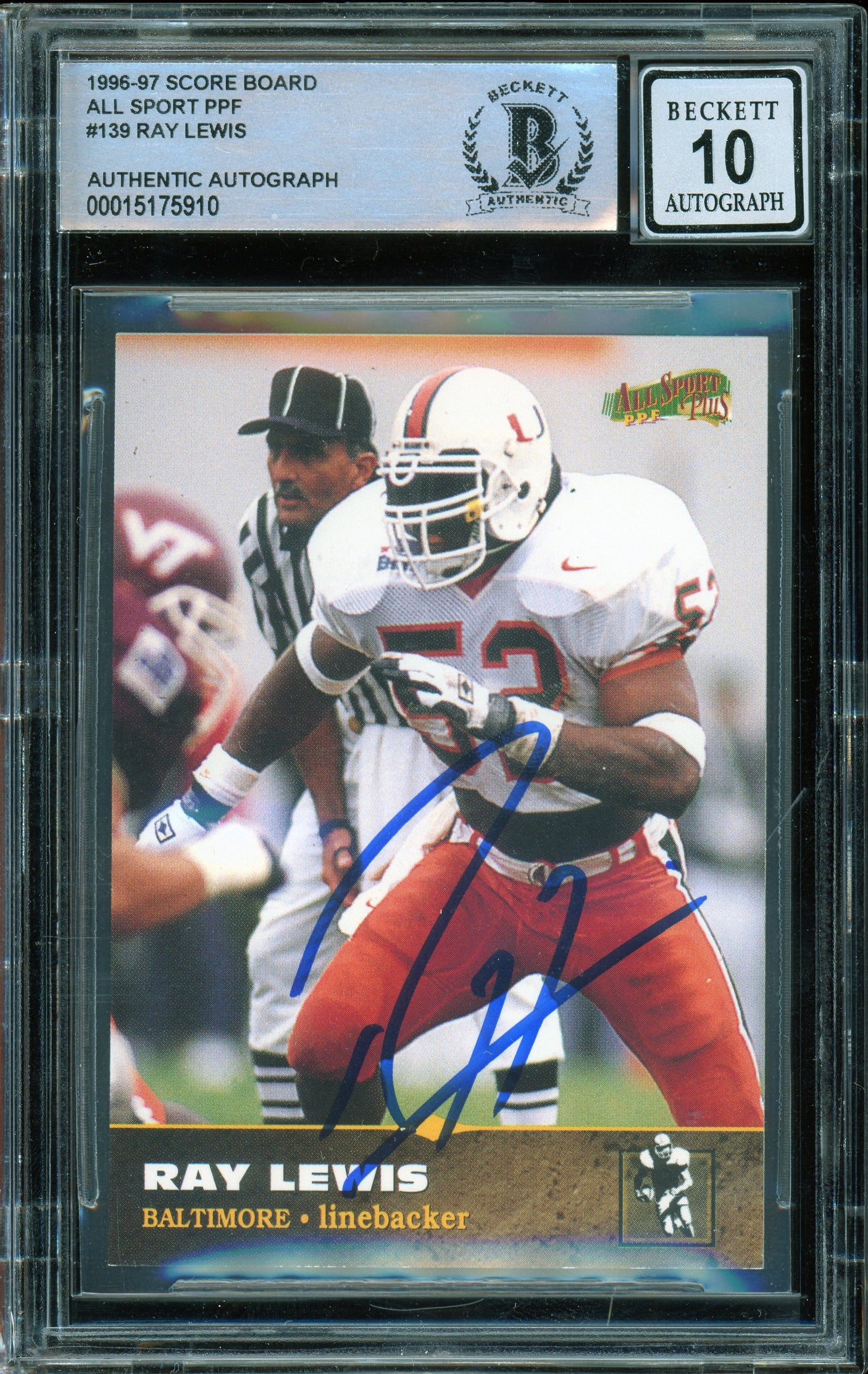 1996-97 Score Board All Sport PPF #139 Ray Lewis RC Hurricanes BGS Autograph 10