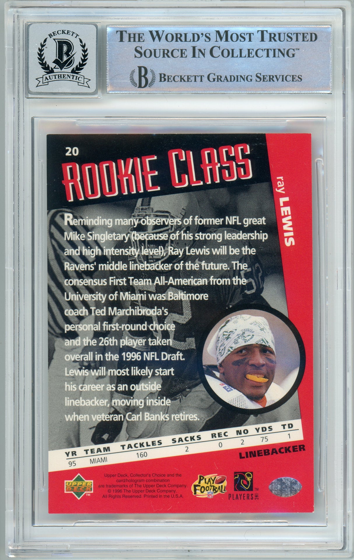 1996 Collector's Choice #20 Ray Lewis RC Baltimore Ravens BGS Autograph 10
