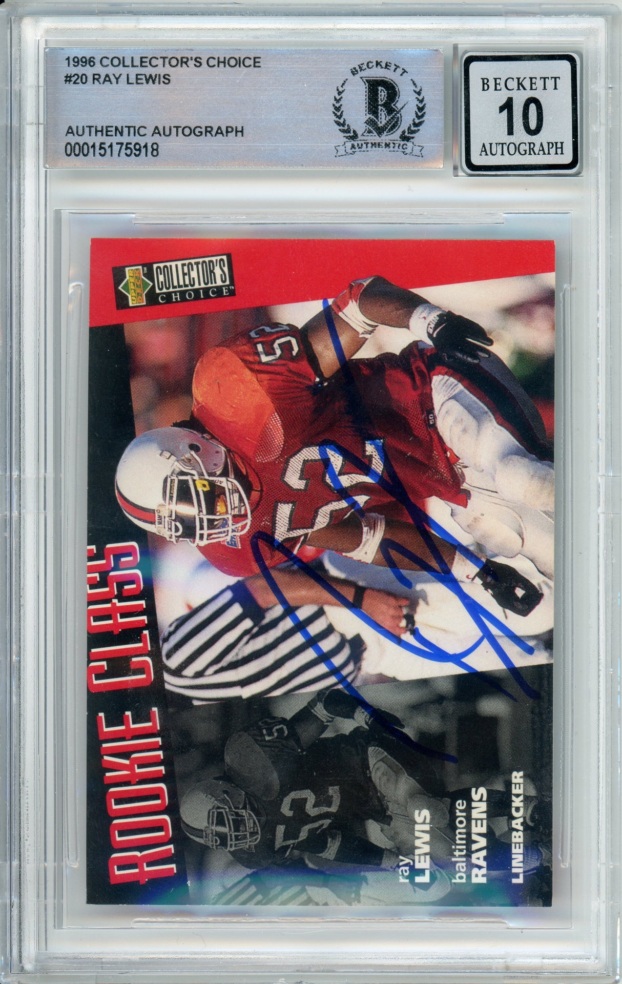 1996 Collector's Choice #20 Ray Lewis RC Baltimore Ravens BGS Autograph 10