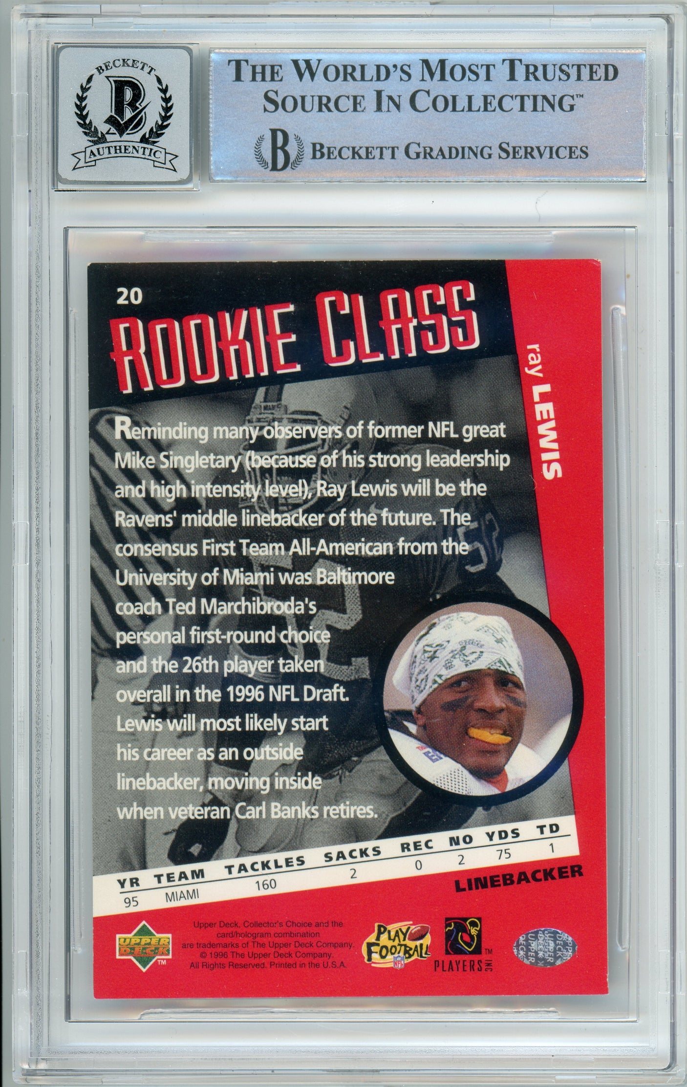 1996 Collector's Choice #20 Ray Lewis RC Baltimore Ravens BGS Autograph 10
