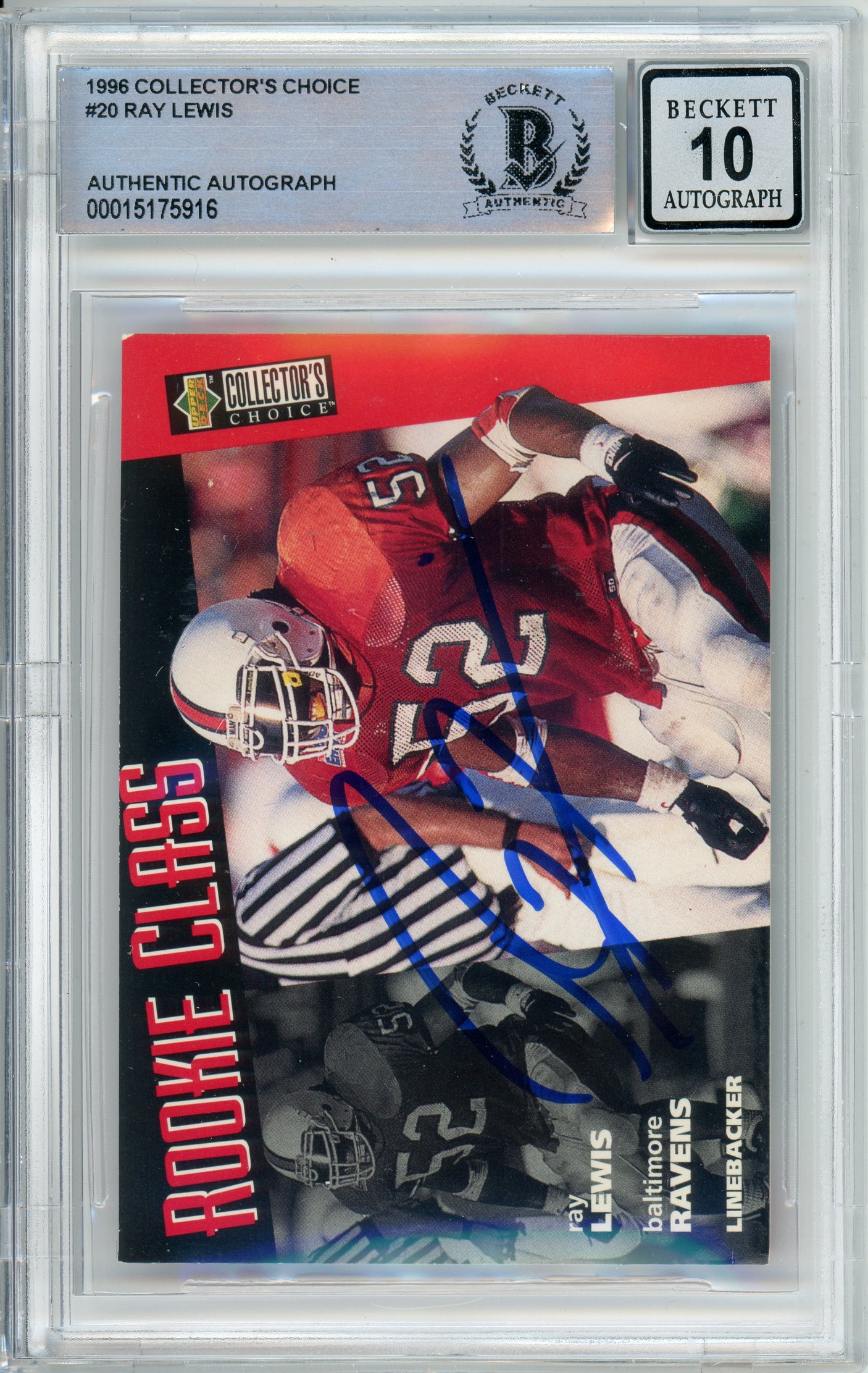 1996 Collector's Choice #20 Ray Lewis RC Baltimore Ravens BGS Autograph 10