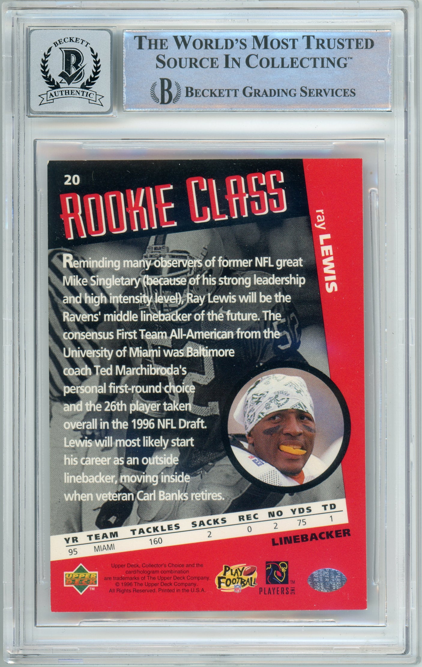 1996 Collector's Choice #20 Ray Lewis RC Baltimore Ravens BGS Autograph 10