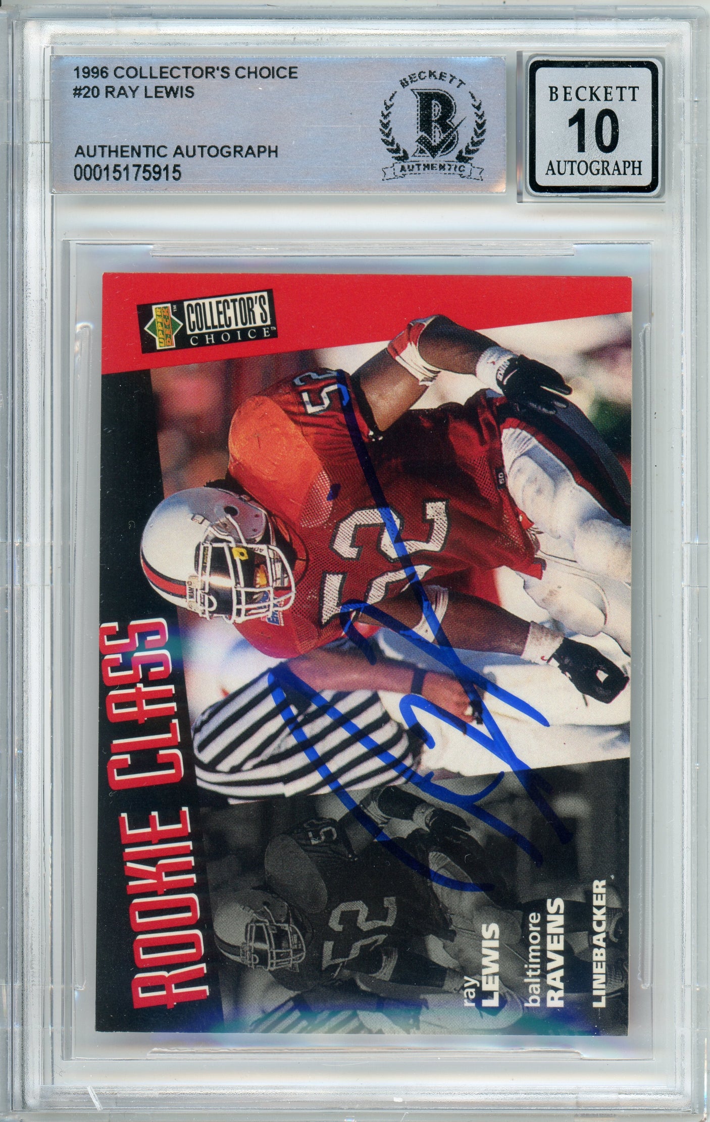 1996 Collector's Choice #20 Ray Lewis RC Baltimore Ravens BGS Autograph 10