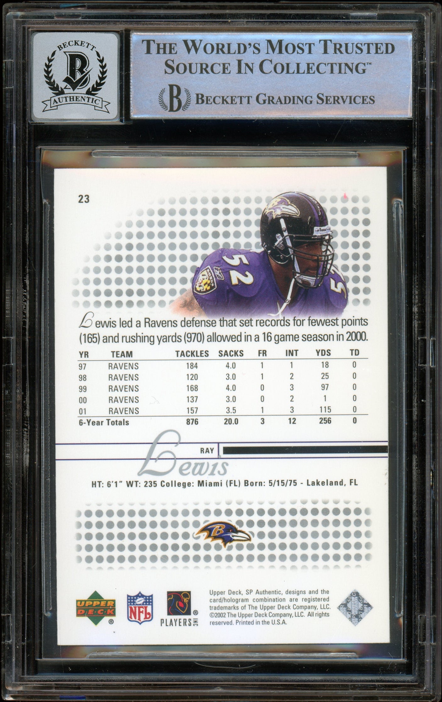 2002 SP Authentic #23 Ray Lewis Baltimore Ravens BGS Autograph 10