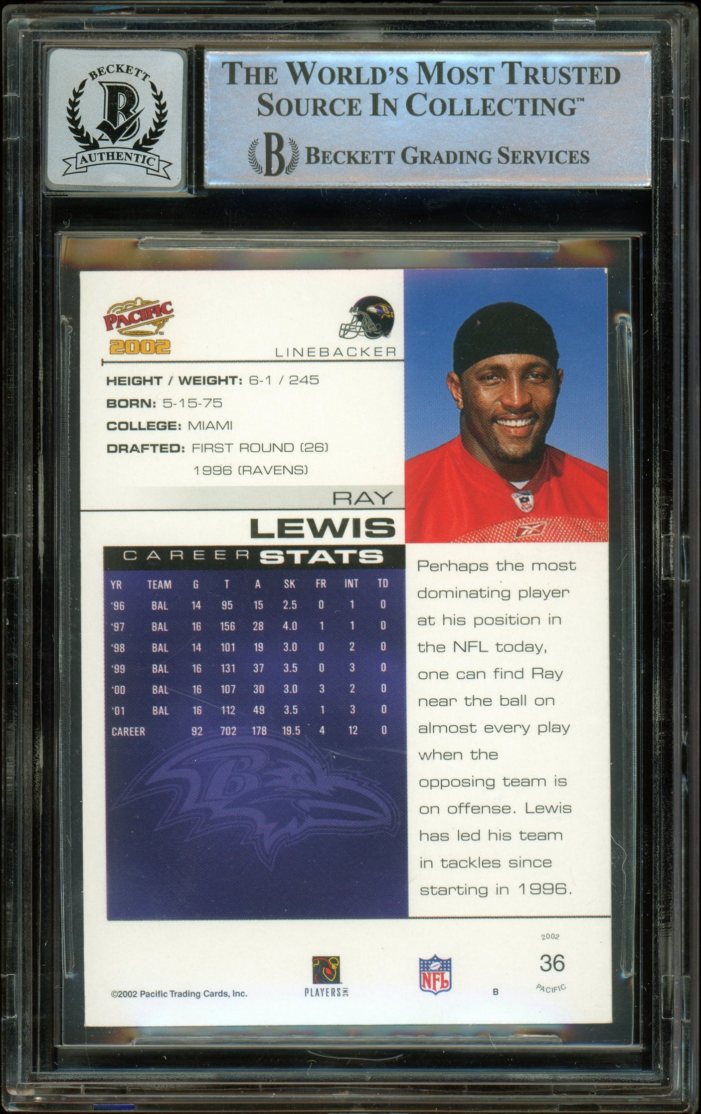 2002 Pacific #36 Ray Lewis Baltimore Ravens BGS Autograph 10