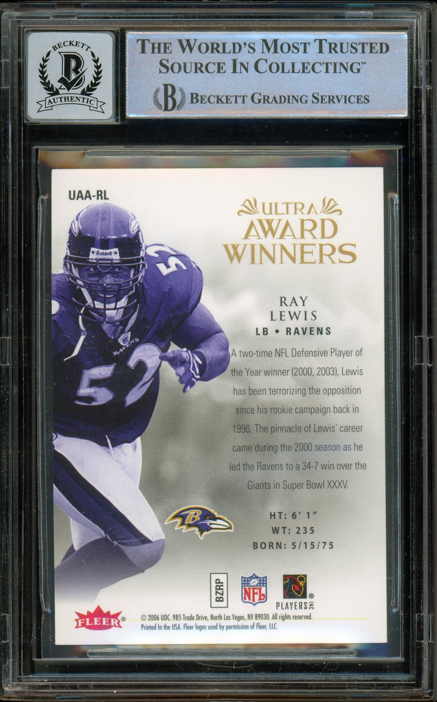 2006 Fleer Ultra Award Winners #UAA-RL Ray Lewis Ravens BGS Auto 10