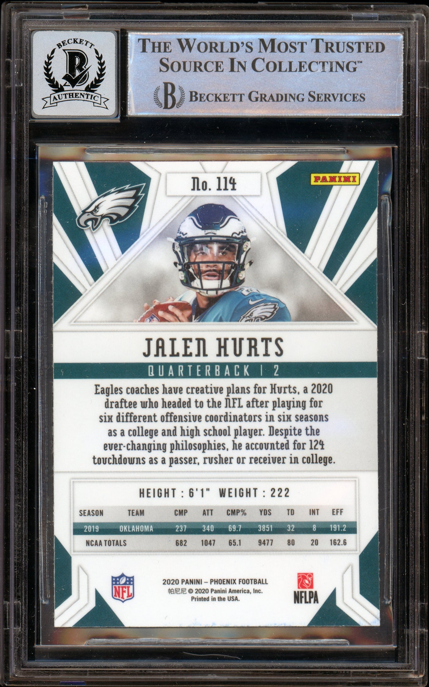 2020 Panini Phoenix Fire Burst #114 Jalen Hurts RC Eagles BGS Auto 10