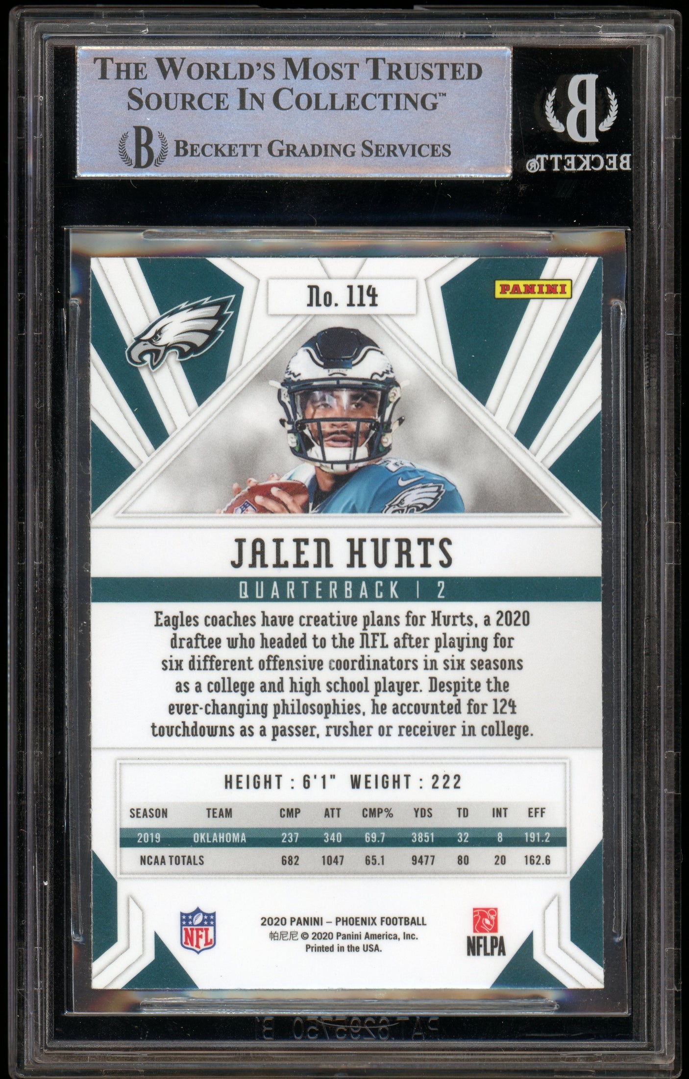 2020 Panini Phoenix Fire Burst #114 Jalen Hurts RC Eagles BGS Auto