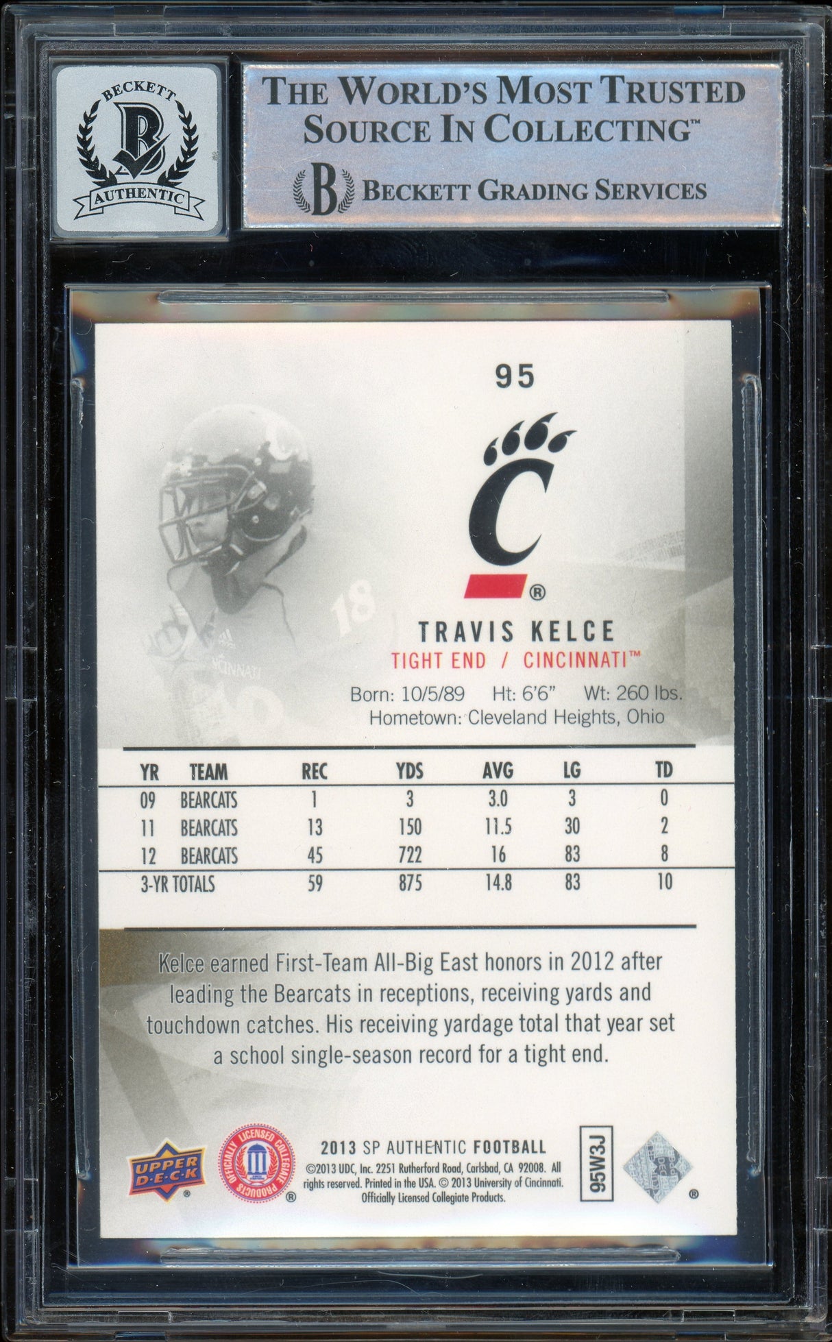2013 SP Authentic #95 Travis Kelce RC Chiefs BGS Autograph 10
