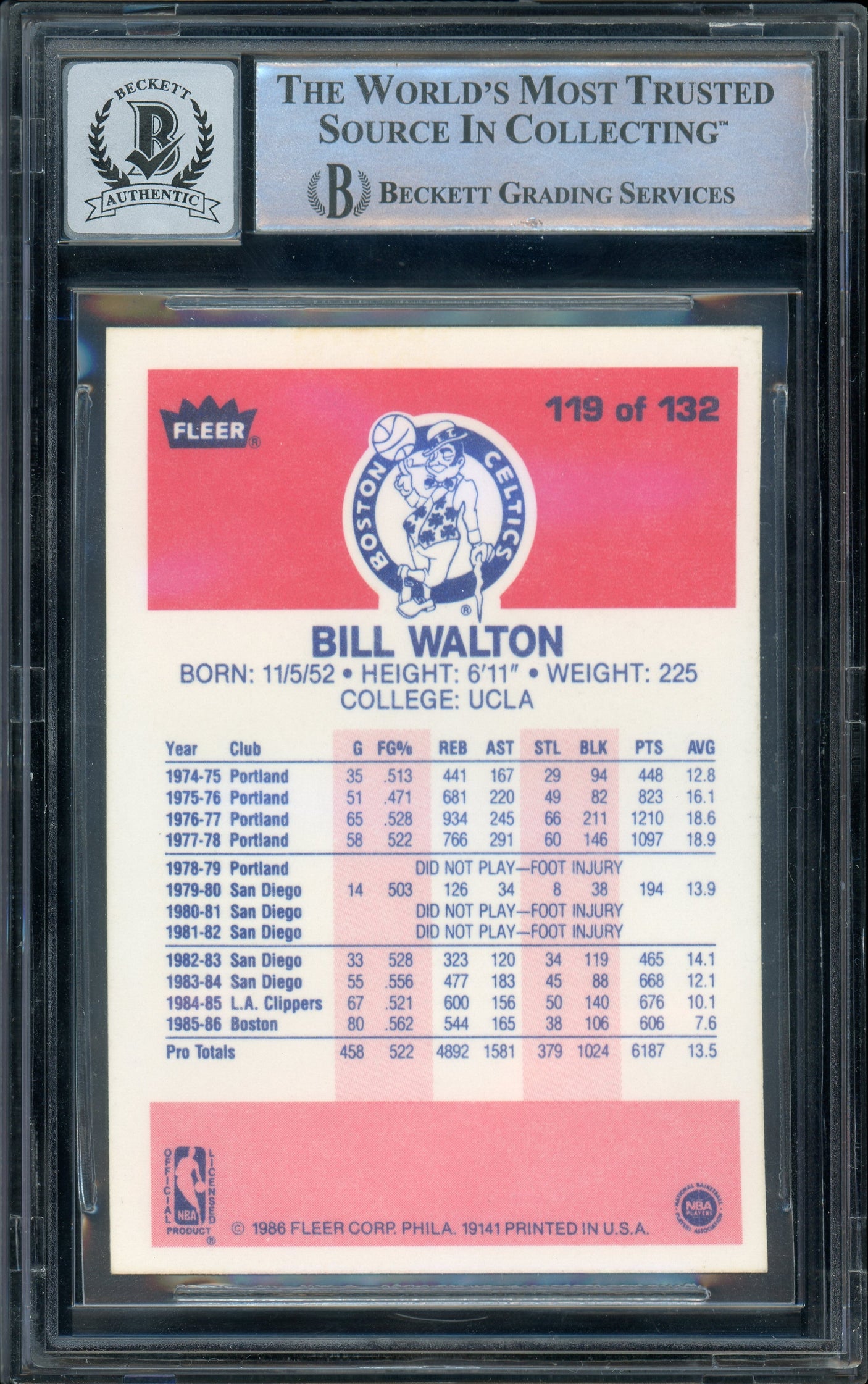 1986-87 Fleer #119 Bill Walton Boston Celtics BGS Autograph 10