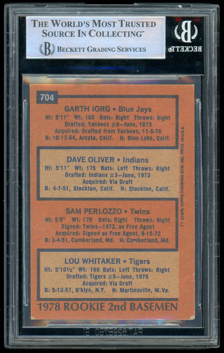 1978 Topps #704 Lou Whitaker, Dave Oliver, Sam Perlozzo, Garth Lorg RC BGS Auto