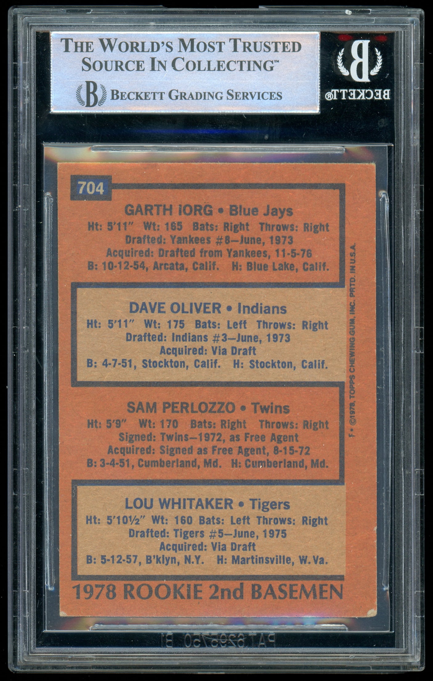 1978 Topps #704 Lou Whitaker, Dave Oliver, Sam Perlozzo, Garth Lorg RC BGS Auto
