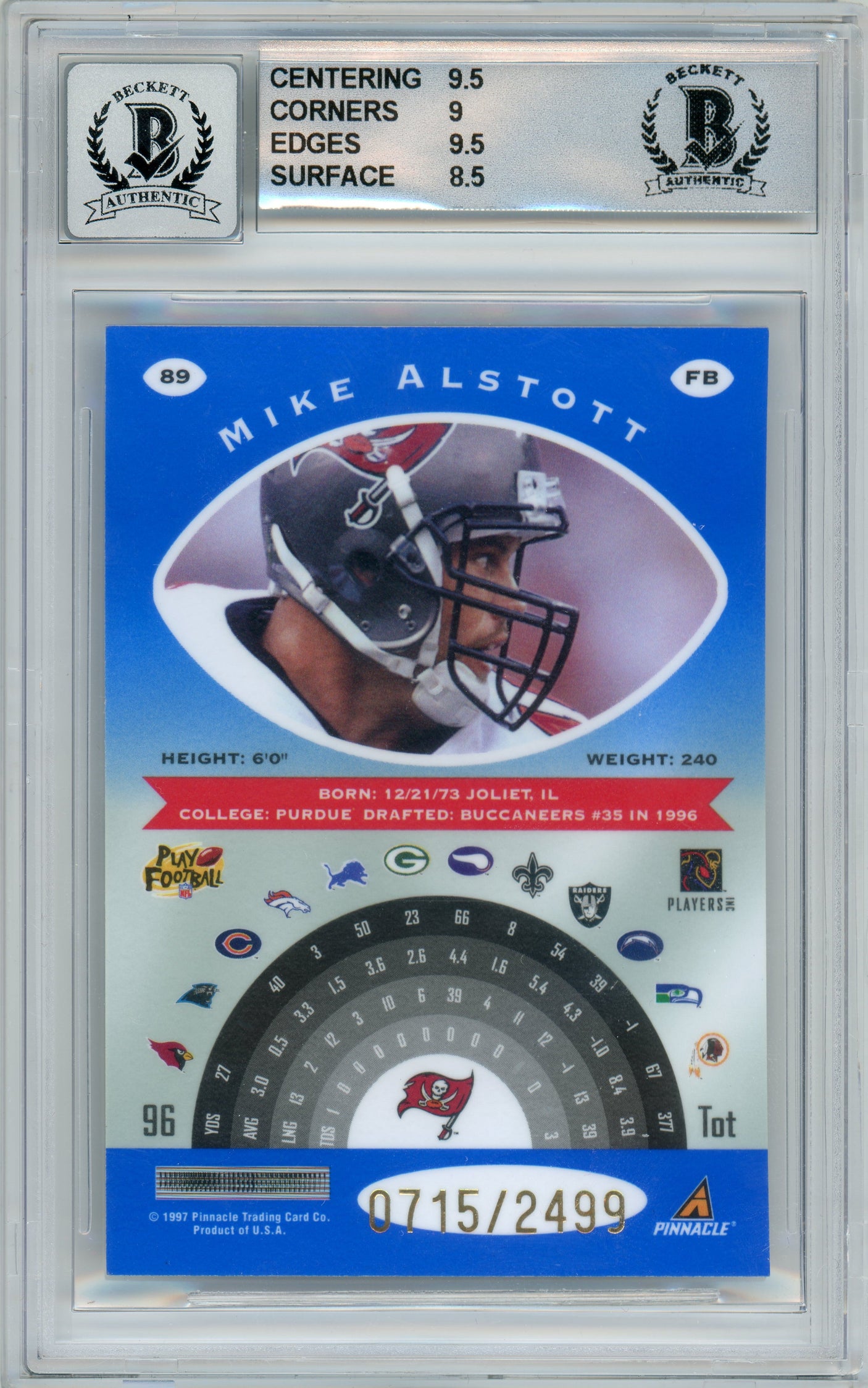 1997 Pinnacle Totally Certified Platinum Blue /2499 #89 Mike Alstott Bucs BGS 9 Auto 10