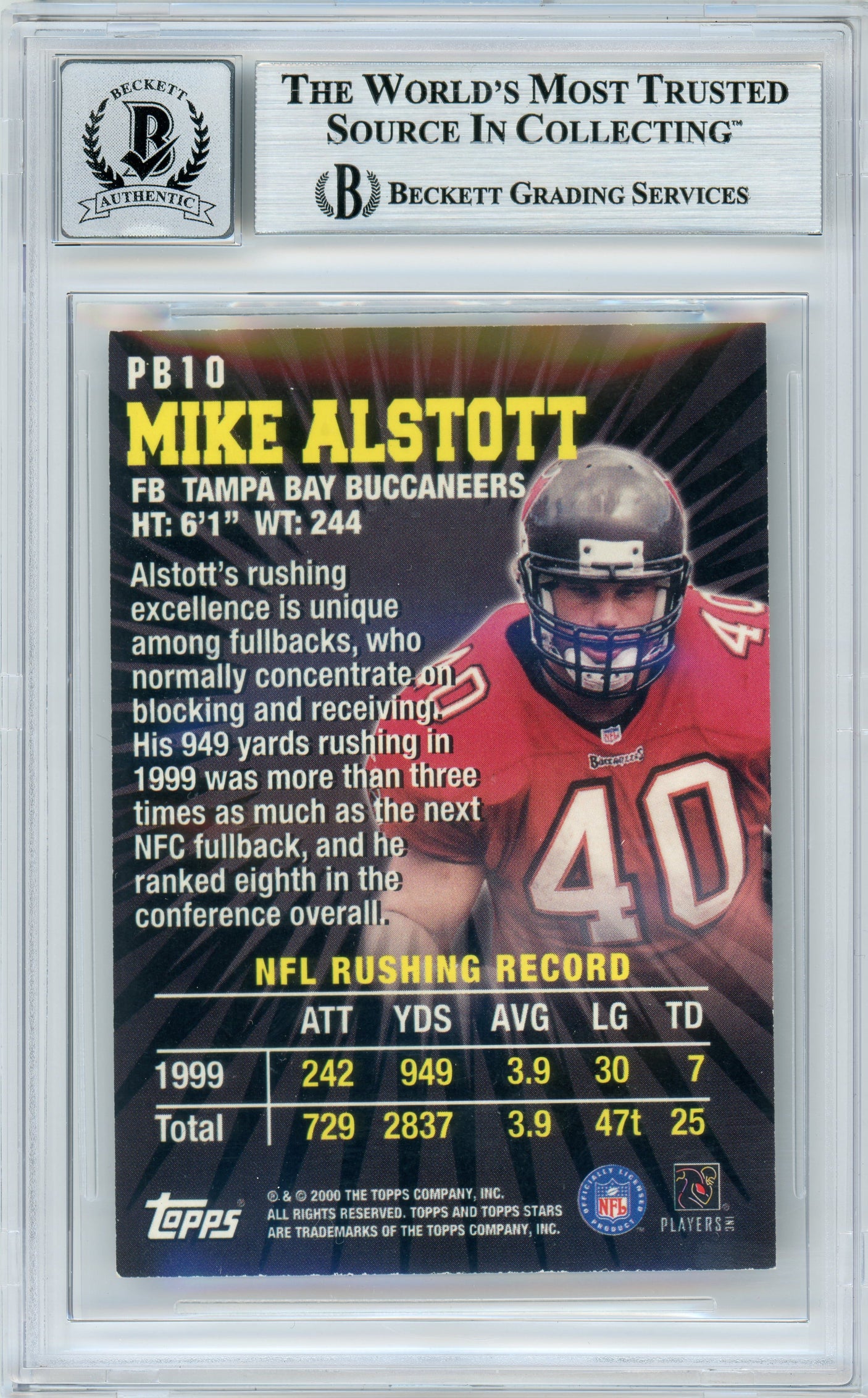 2000 Topps Stars Pro Bowl Power House #PB10 Mike Alstott Bucs BGS Autograph 10