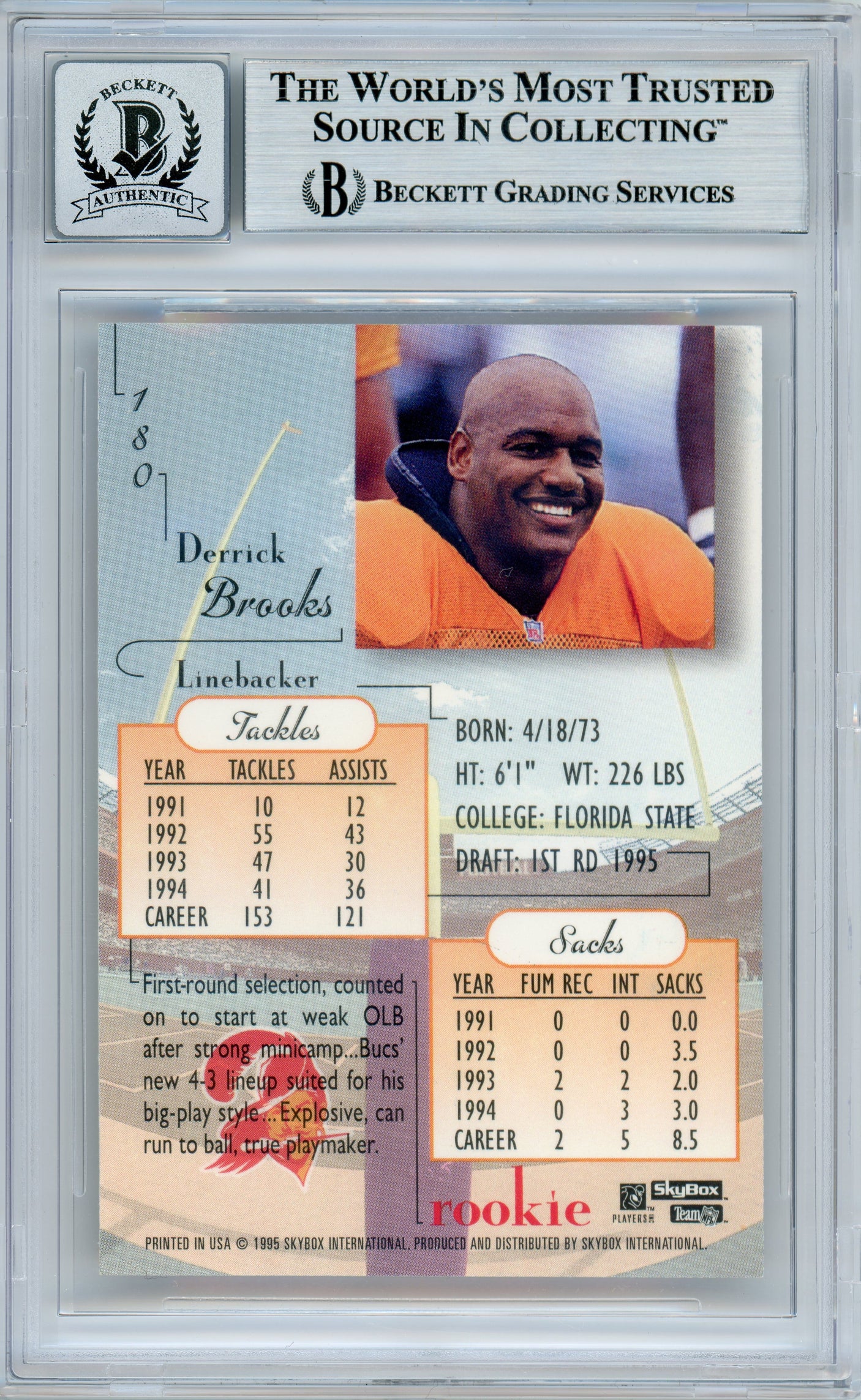 1995 Skybox Premium #180 Derrick Brooks RC Bucs BGS Autograph 10