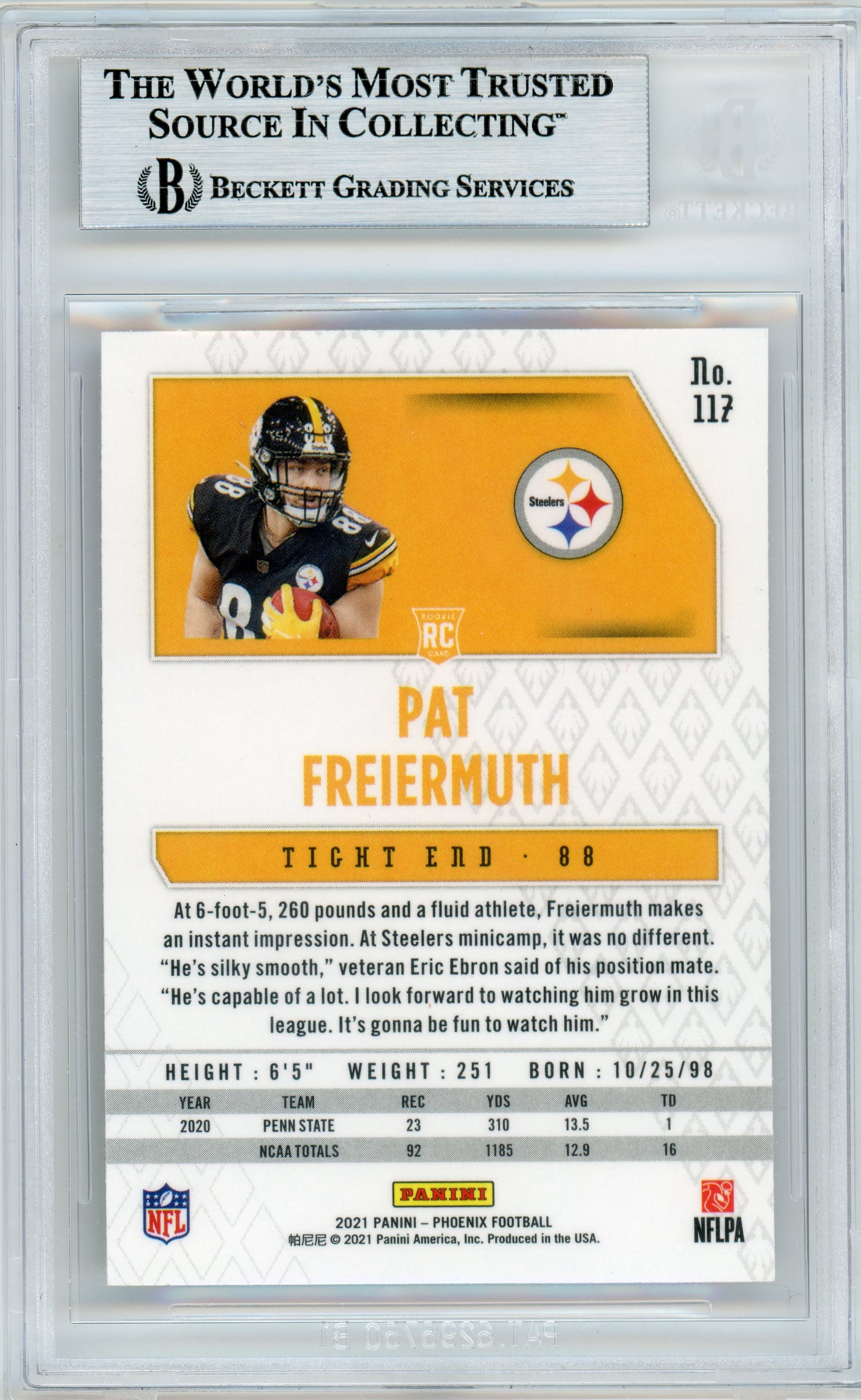 2021 Panini Phoenix Fire Burst #117 Pat Freiermuth RC BGS Autograph