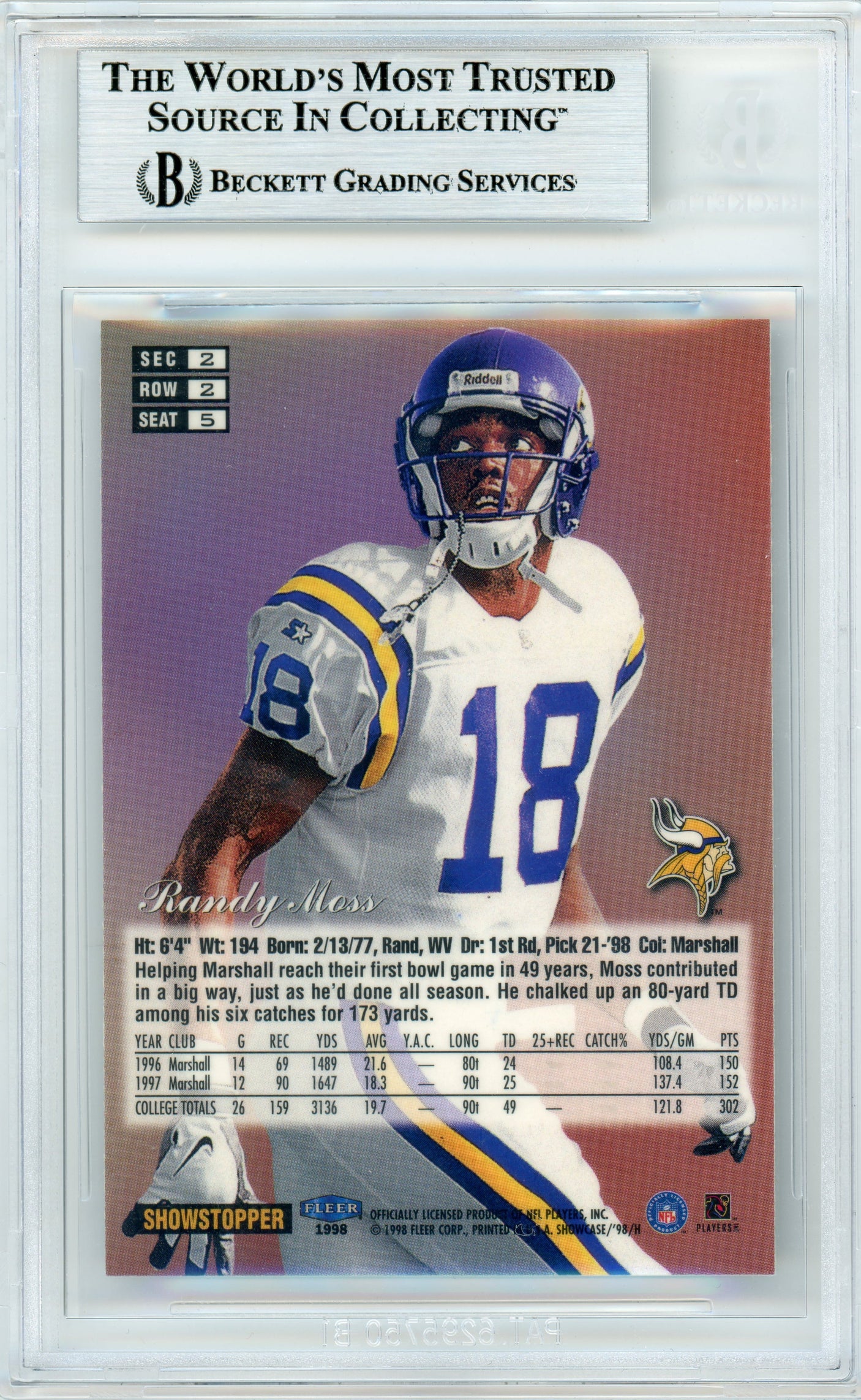 1998 Flair Showcase Row 2 #5 Randy Moss RC Vikings BGS Autograph