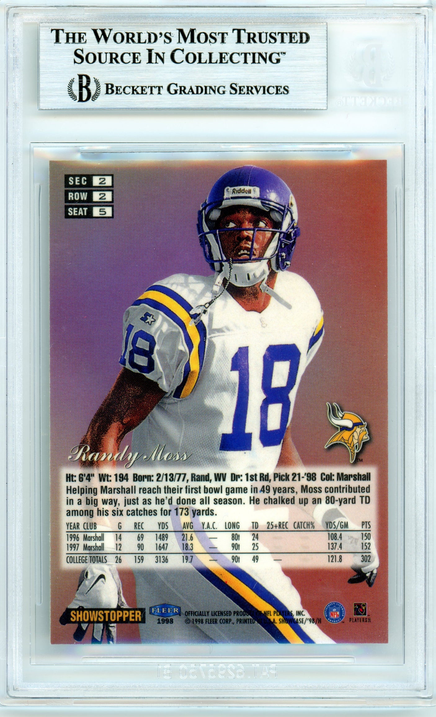 1998 Flair Showcase Row 2 #5 Randy Moss RC Vikings BGS Autograph