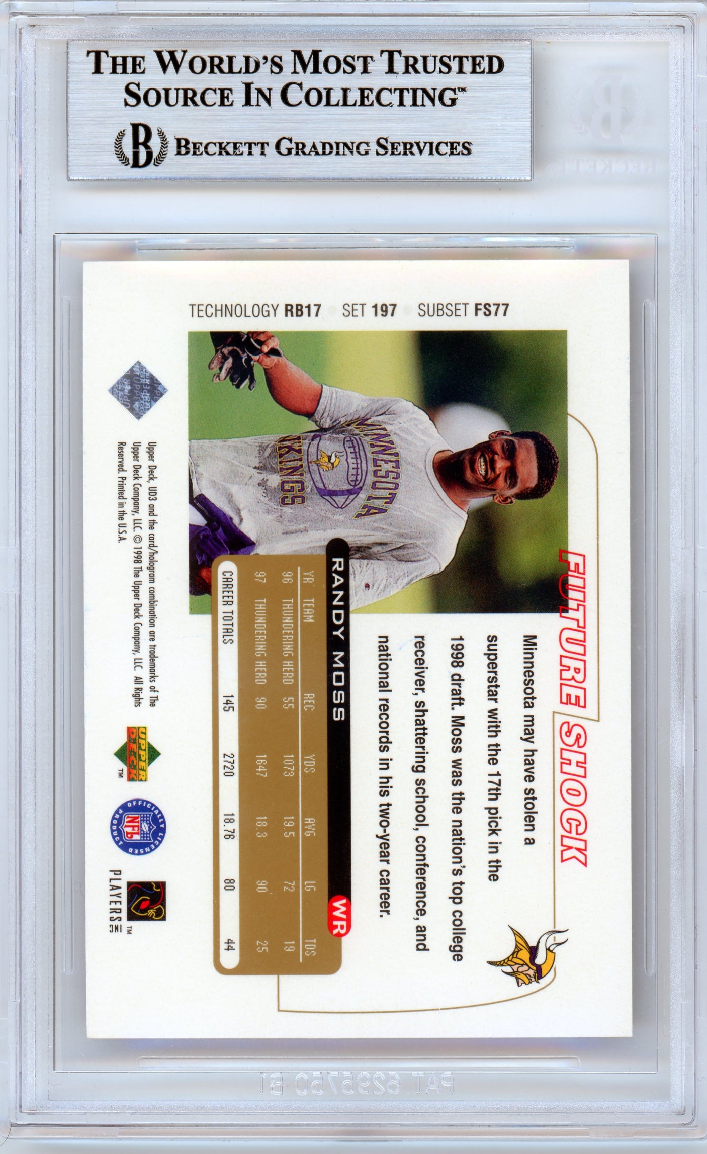 1998 Upper Deck UD3 #197 Randy Moss RC Vikings BGS Autograph