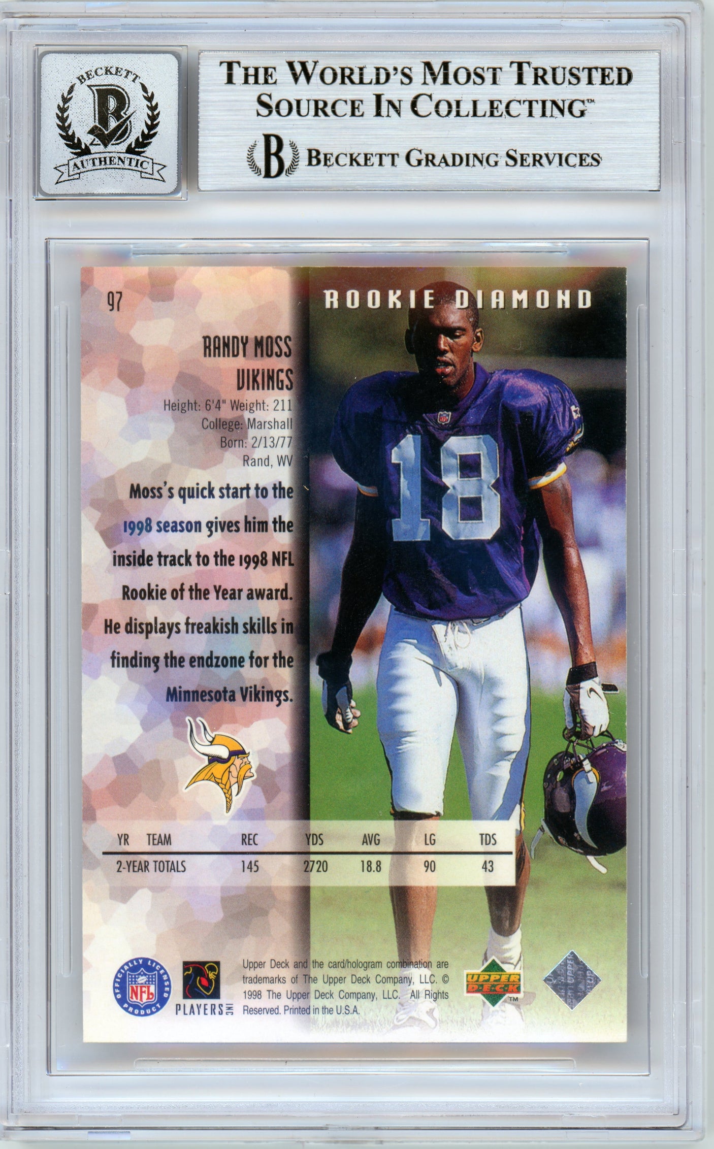 1998 Black Diamond Rookies #97 Randy Moss Vikings BGS Autograph 10