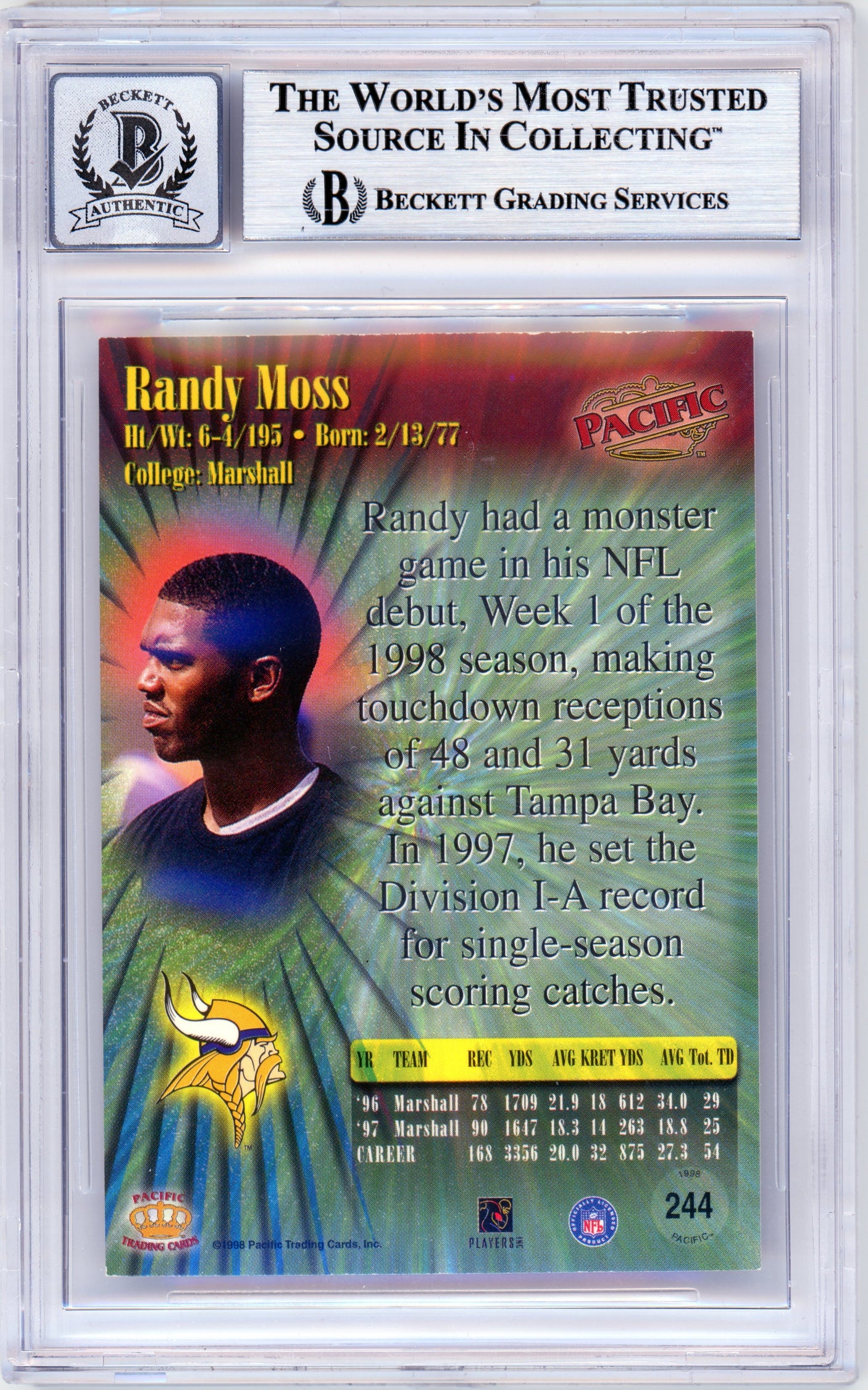1998 Pacific #244 Randy Moss RC Vikings BGS Autograph 10
