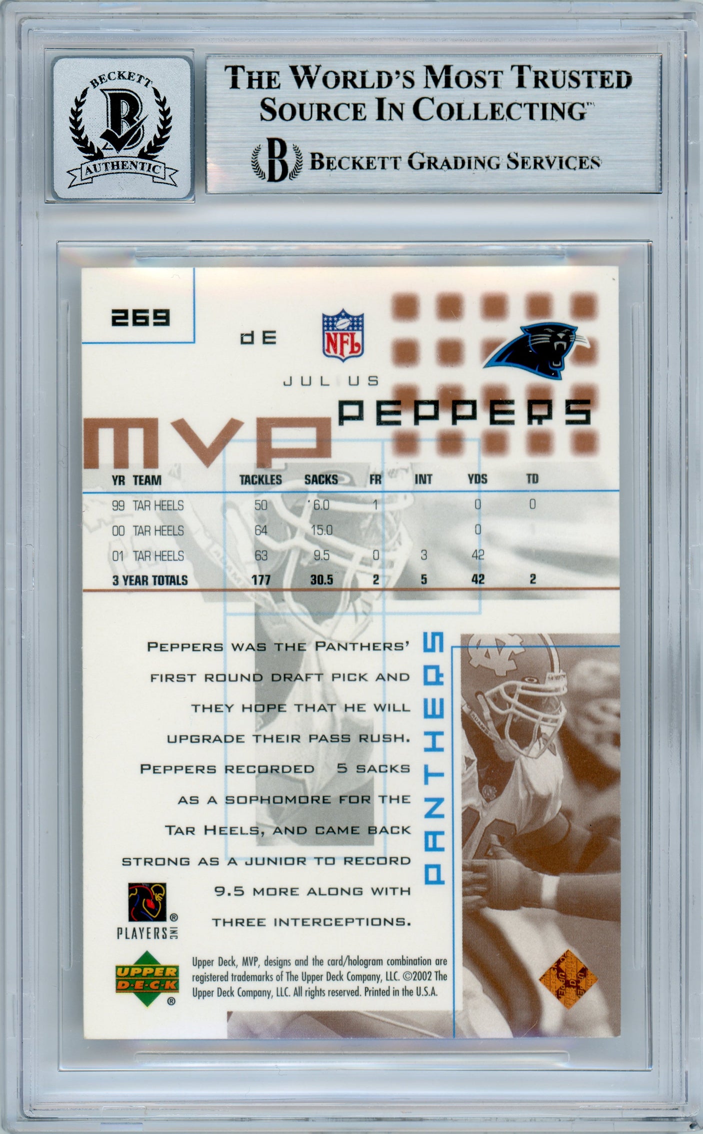 2002 Upper Deck MVP #269 Julius Peppers RC Panthers BGS Autograph 10