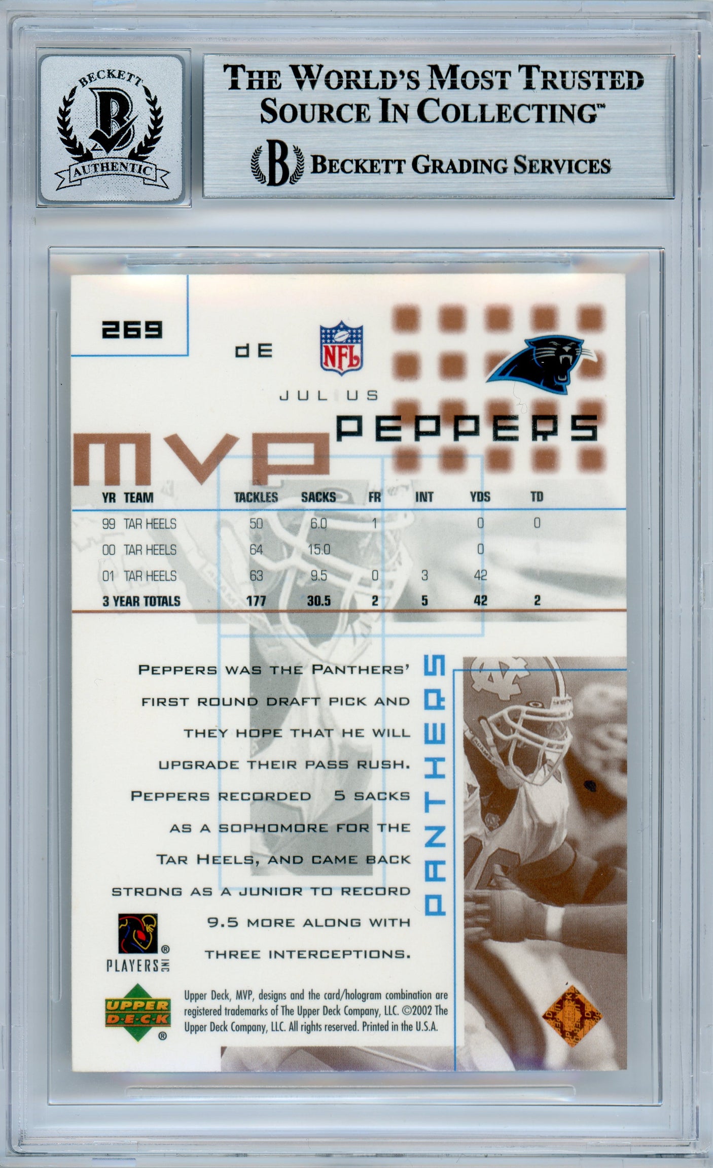 2002 Upper Deck MVP #269 Julius Peppers RC Panthers BGS Autograph 10