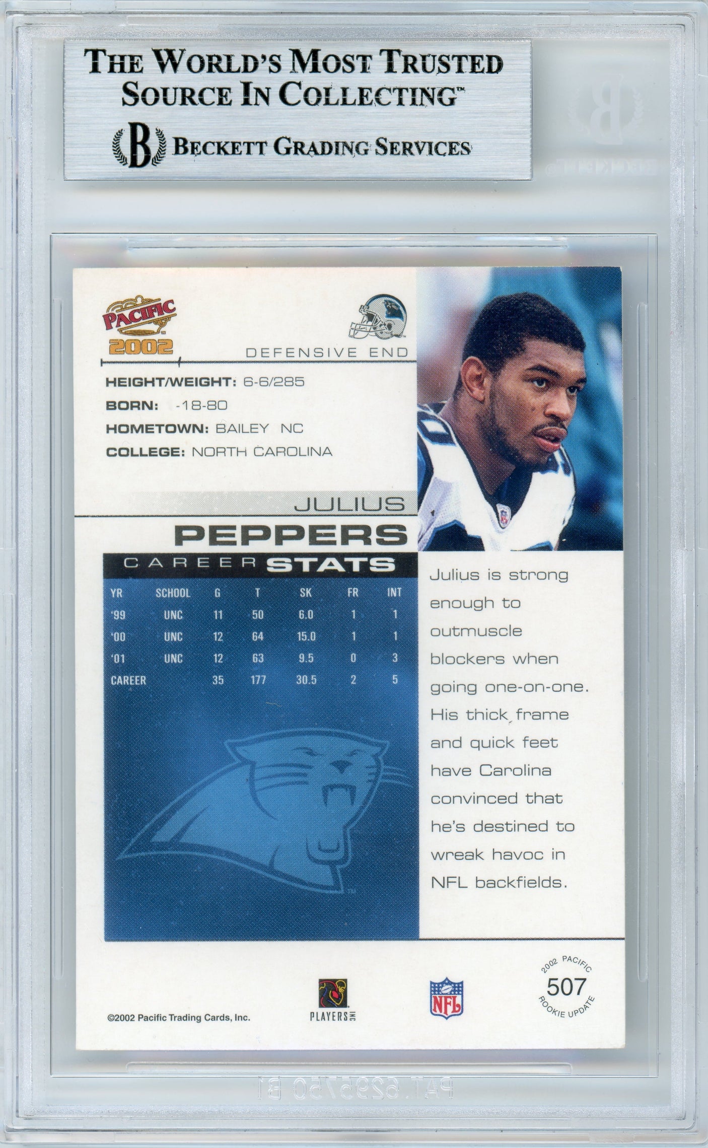 2002 Pacific #507 Julius Peppers RC Panthers BGS Autograph