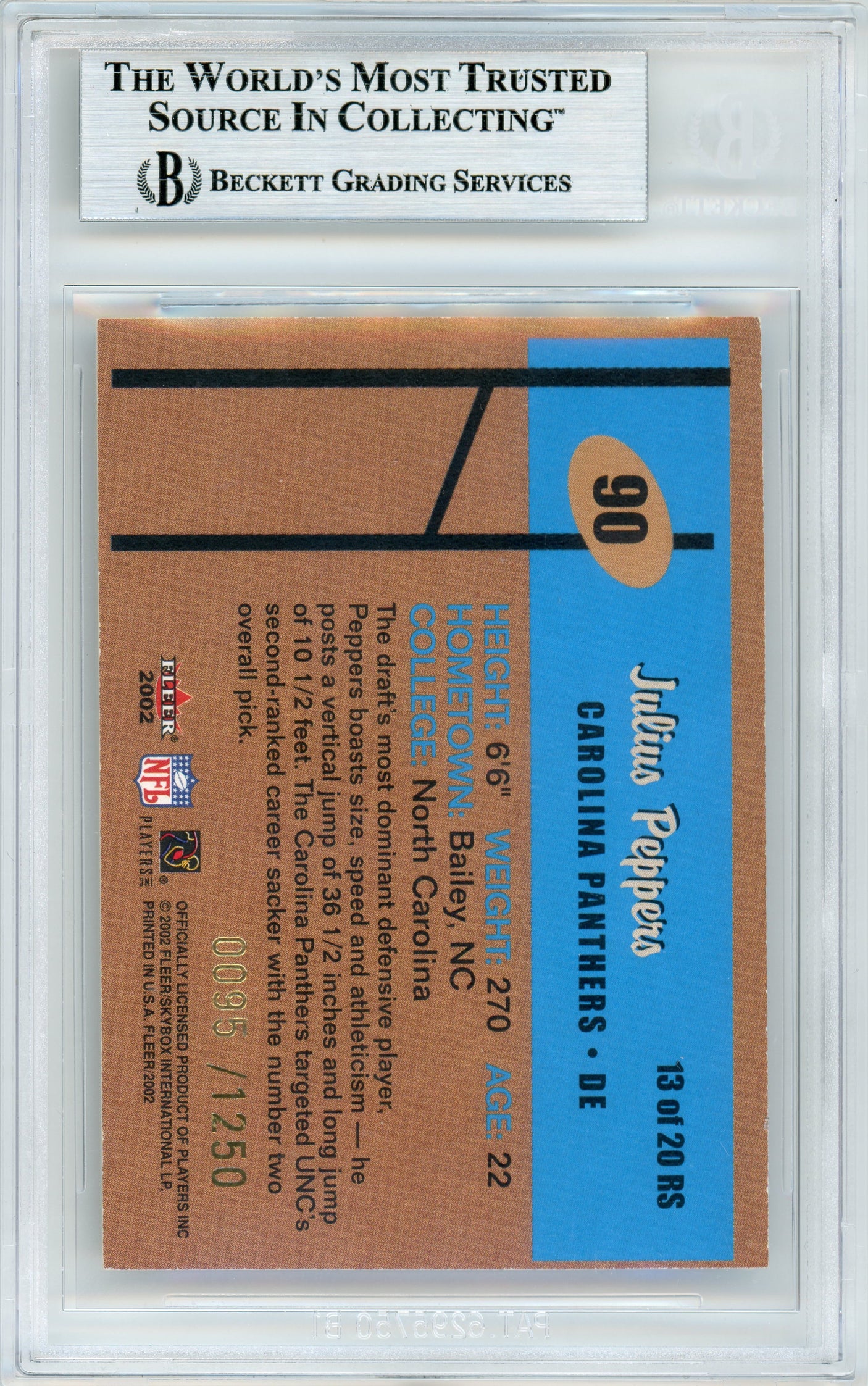 2002 Fleer Tradition Rookie Sensations #13 Julius Peppers RC Panthers /1250 BGS Auto