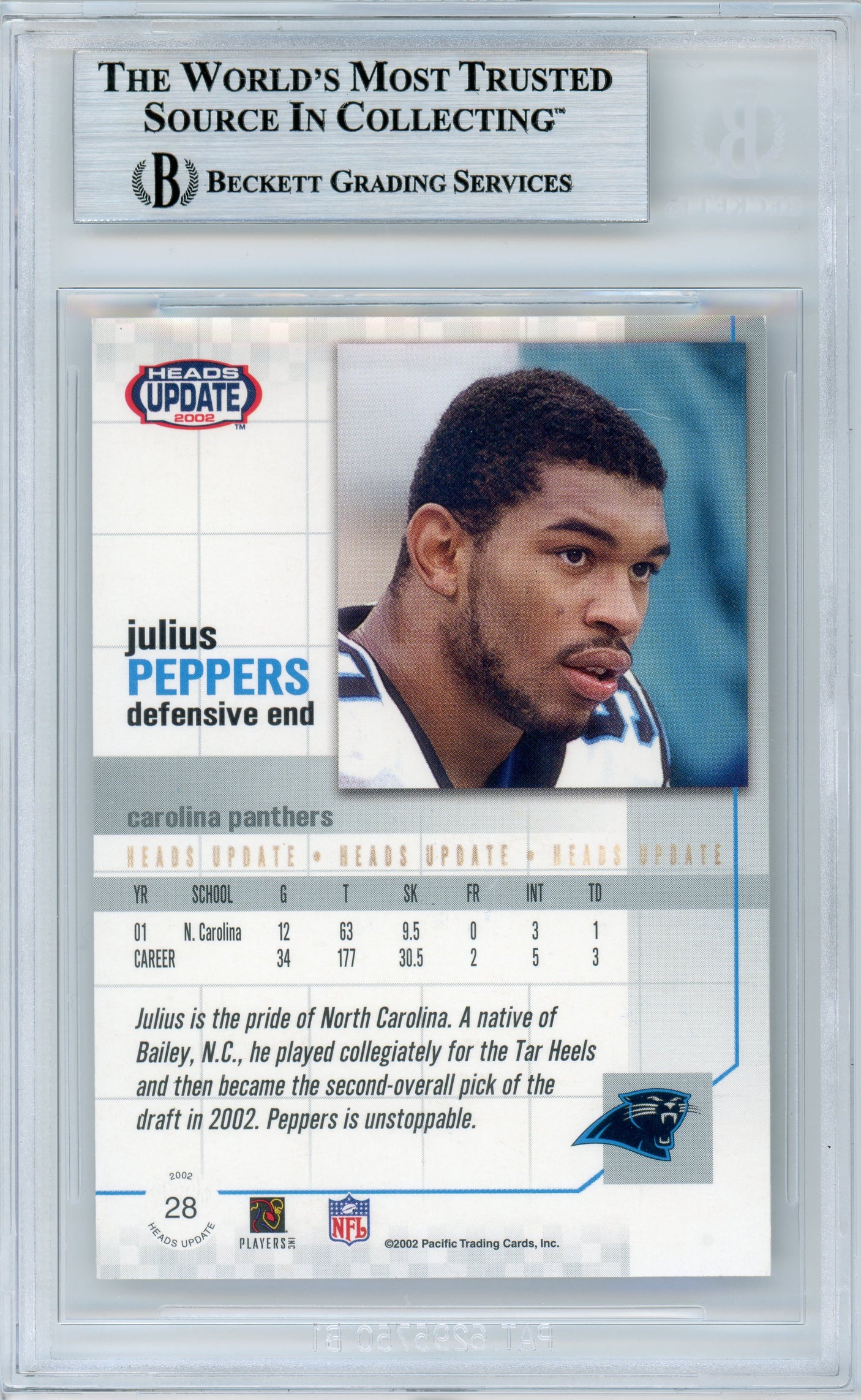 2002 Pacific Heads Update #28 Julius Peppers RC Panthers BGS Autograph