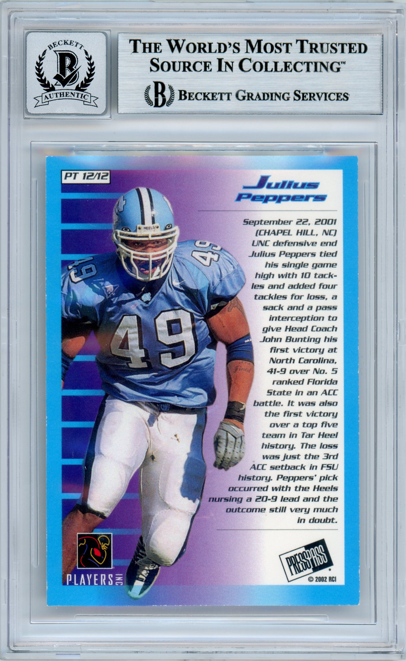 2002 Press Pass Primetime #PT12 Julius Peppers RC Panthers BGS Autograph 10