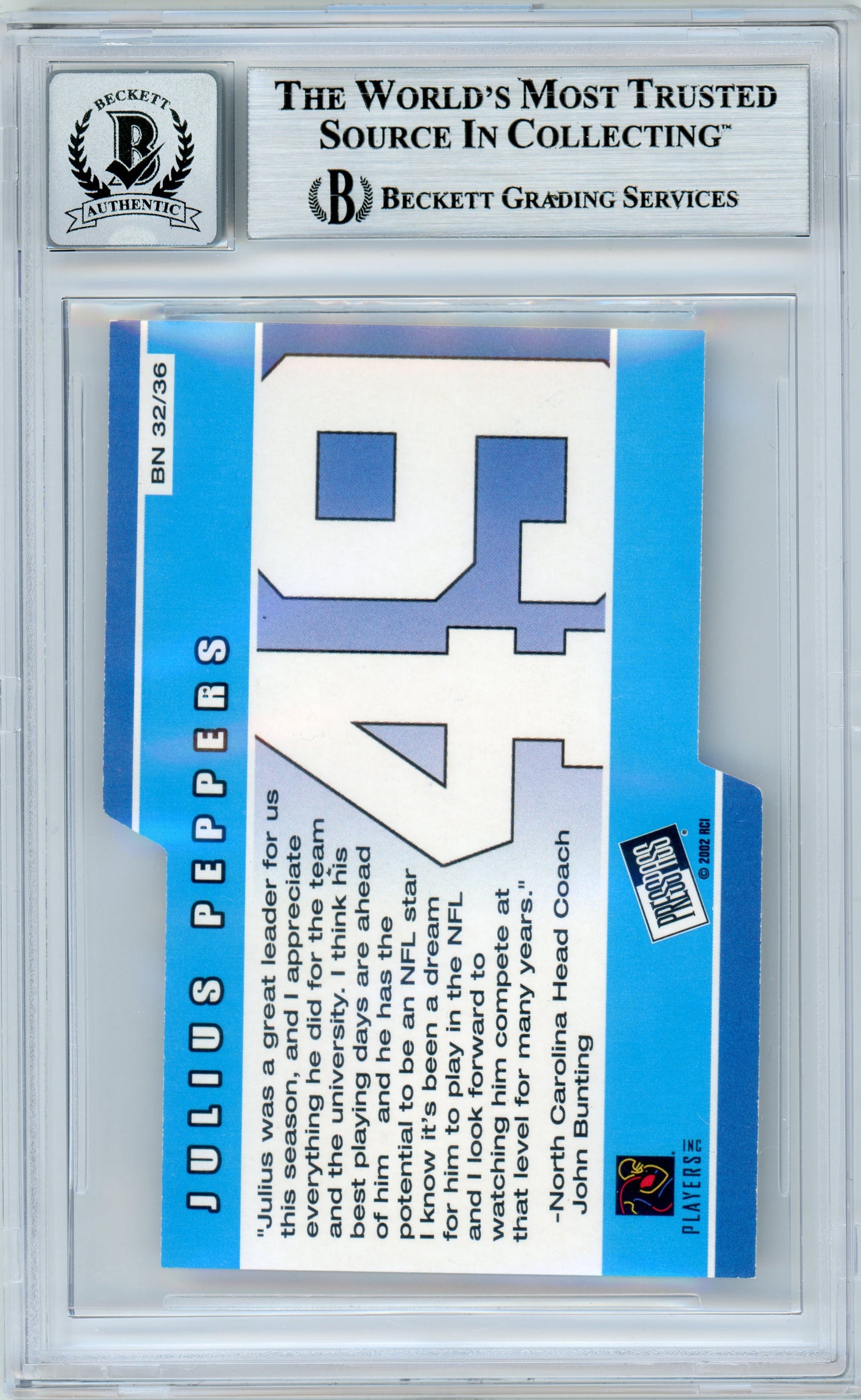 2002 Press Pass Big Numbers #BN32 Julius Peppers RC Panthers BGS Autograph 10