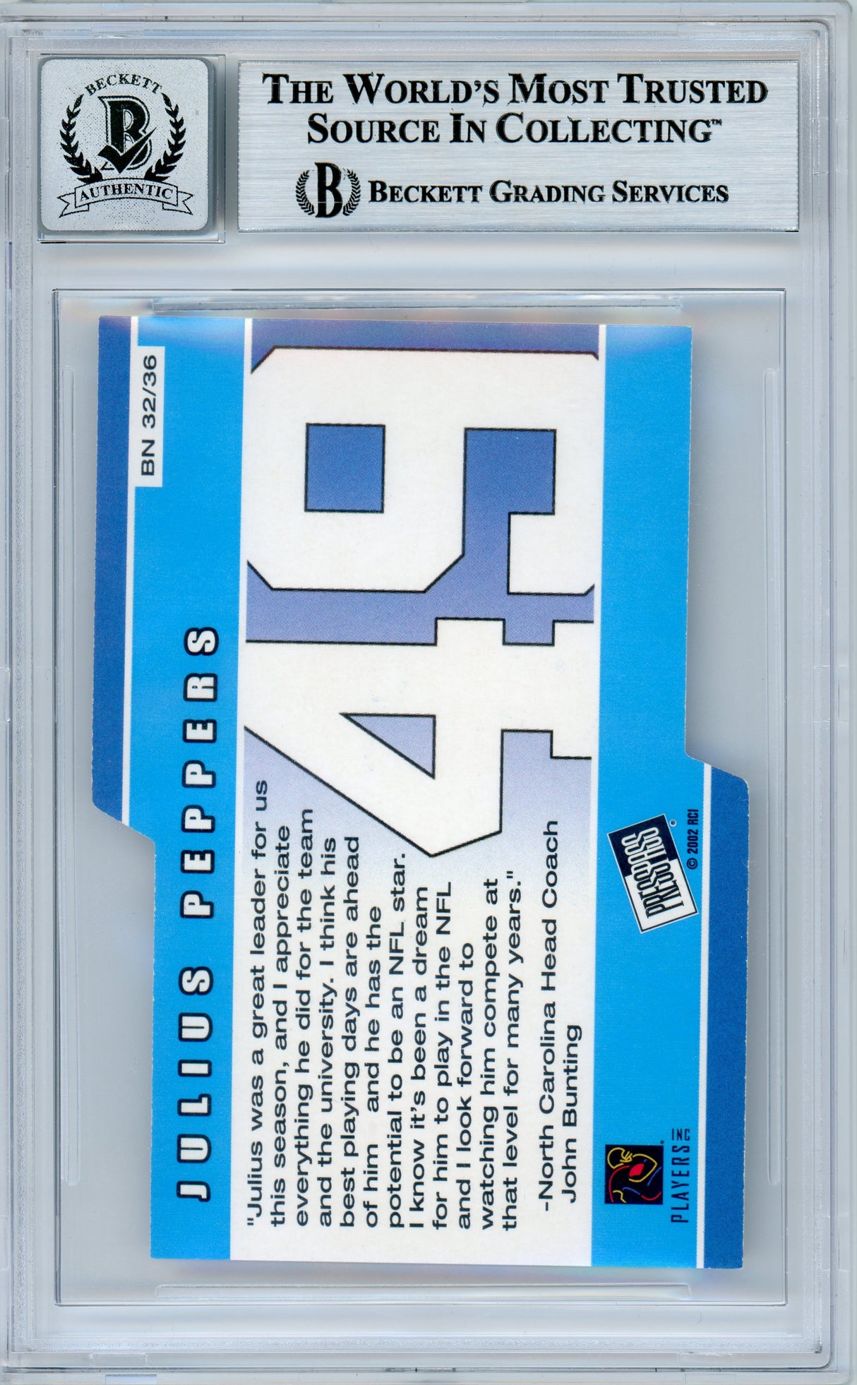 2002 Press Pass Big Numbers #BN32 Julius Peppers RC Panthers BGS Autograph 10