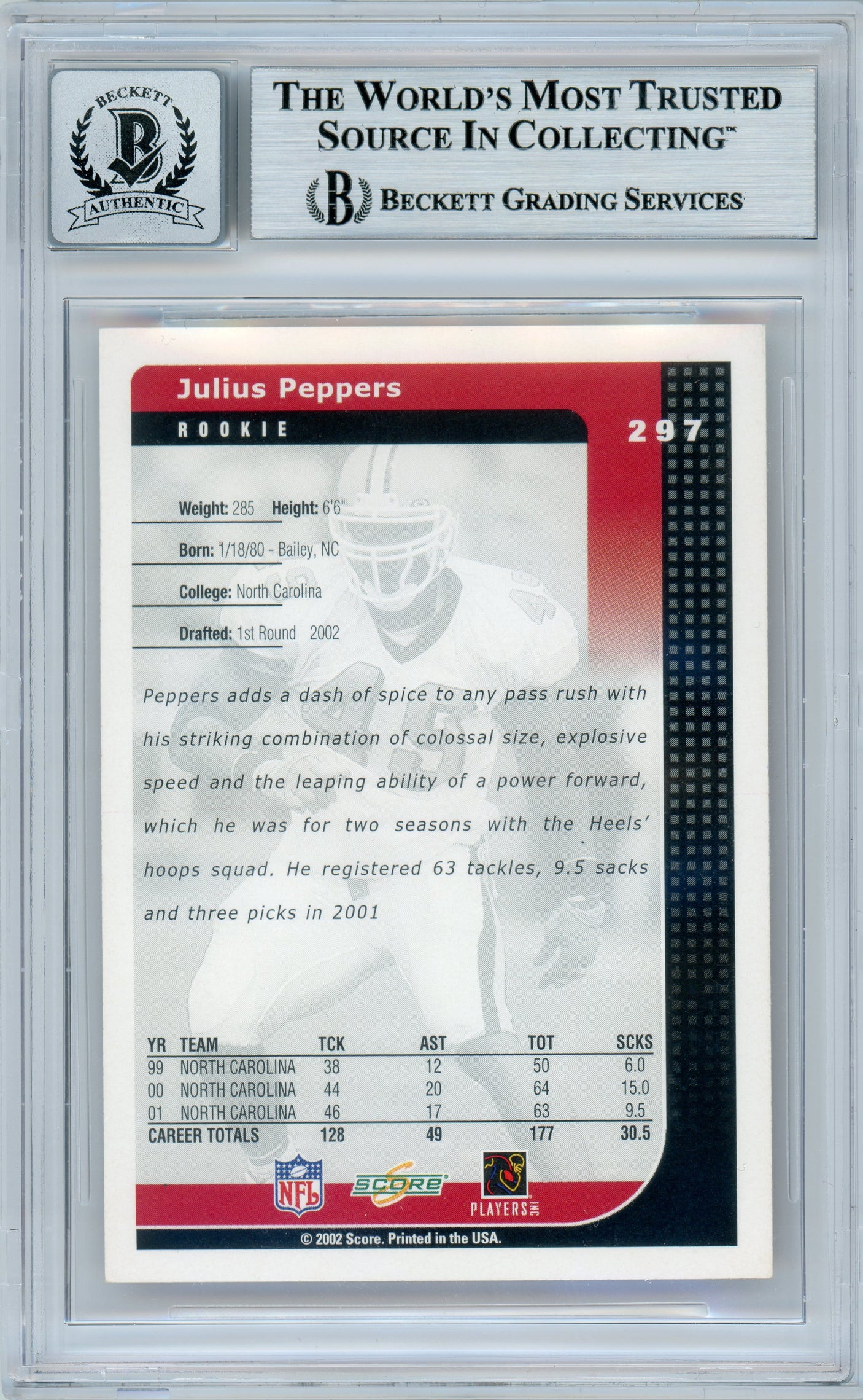 2002 Score #297 Julius Peppers RC Panthers BGS Autograph 10