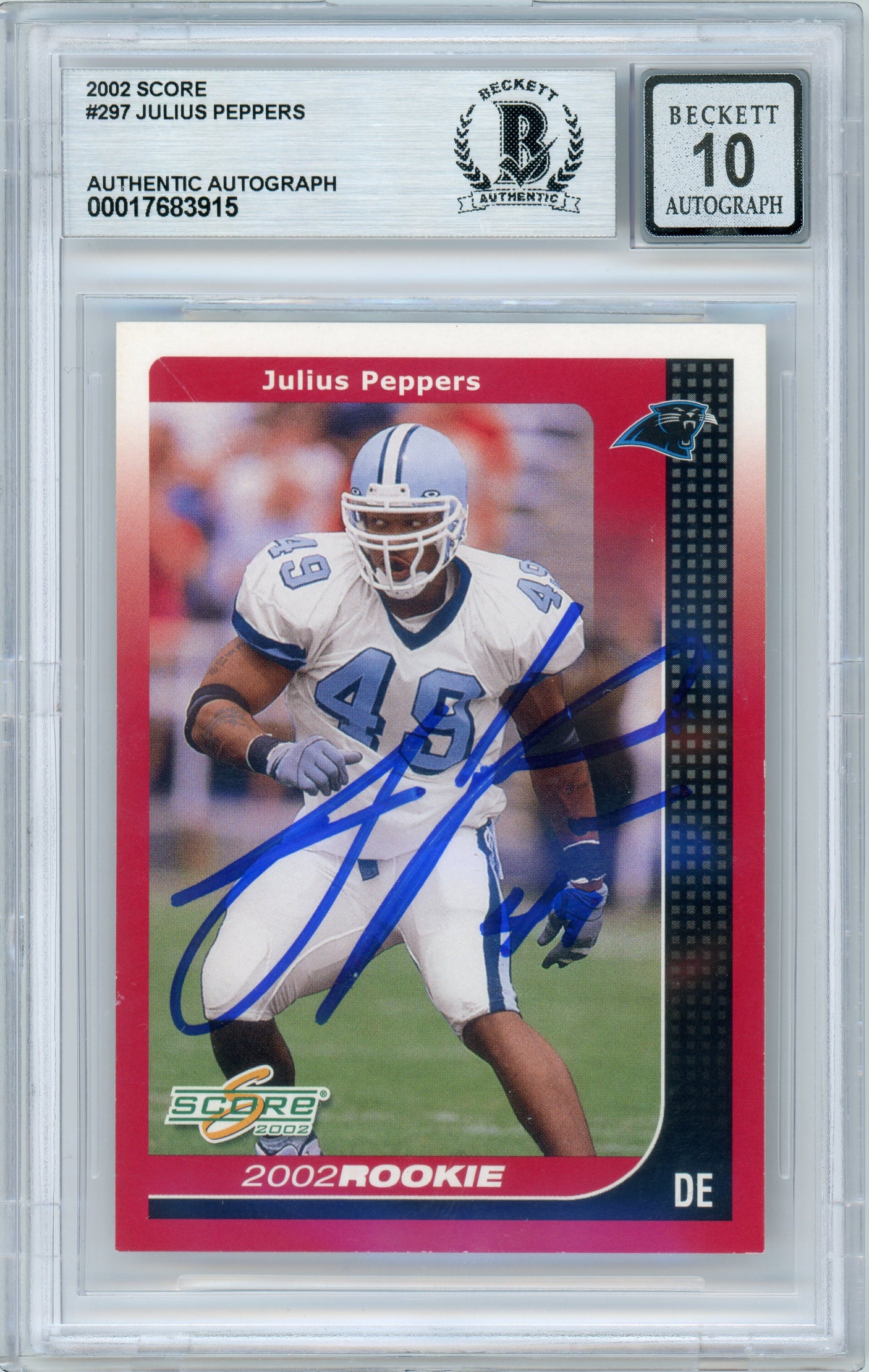 2002 Score #297 Julius Peppers RC Panthers BGS Autograph 10