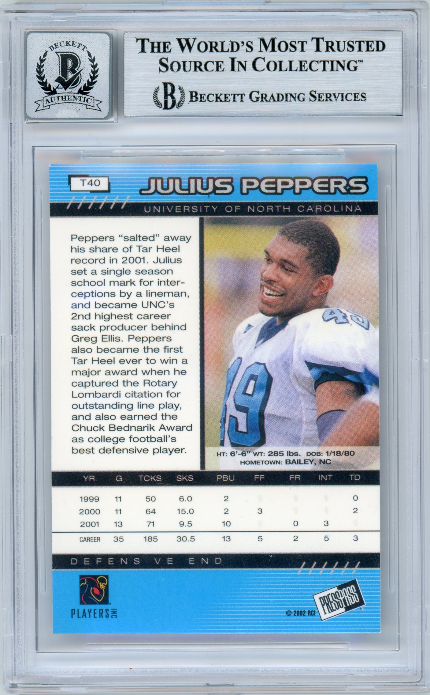 2002 Press Pass Torquers #40 Julius Peppers RC Panthers BGS Auto 10