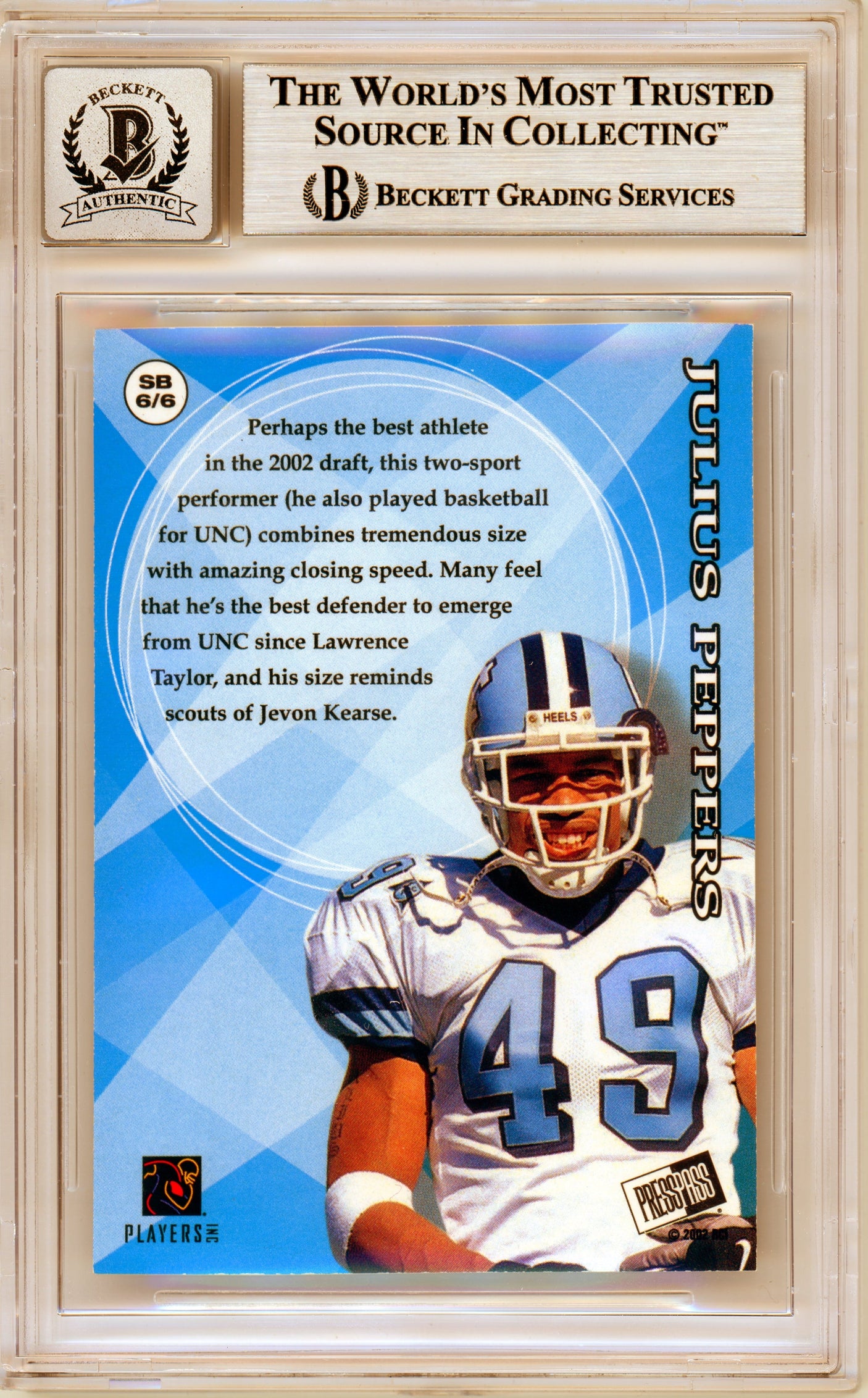 2002 Press Pass Showbound #SB6 Julius Peppers RC Panthers BGS Autograph 10