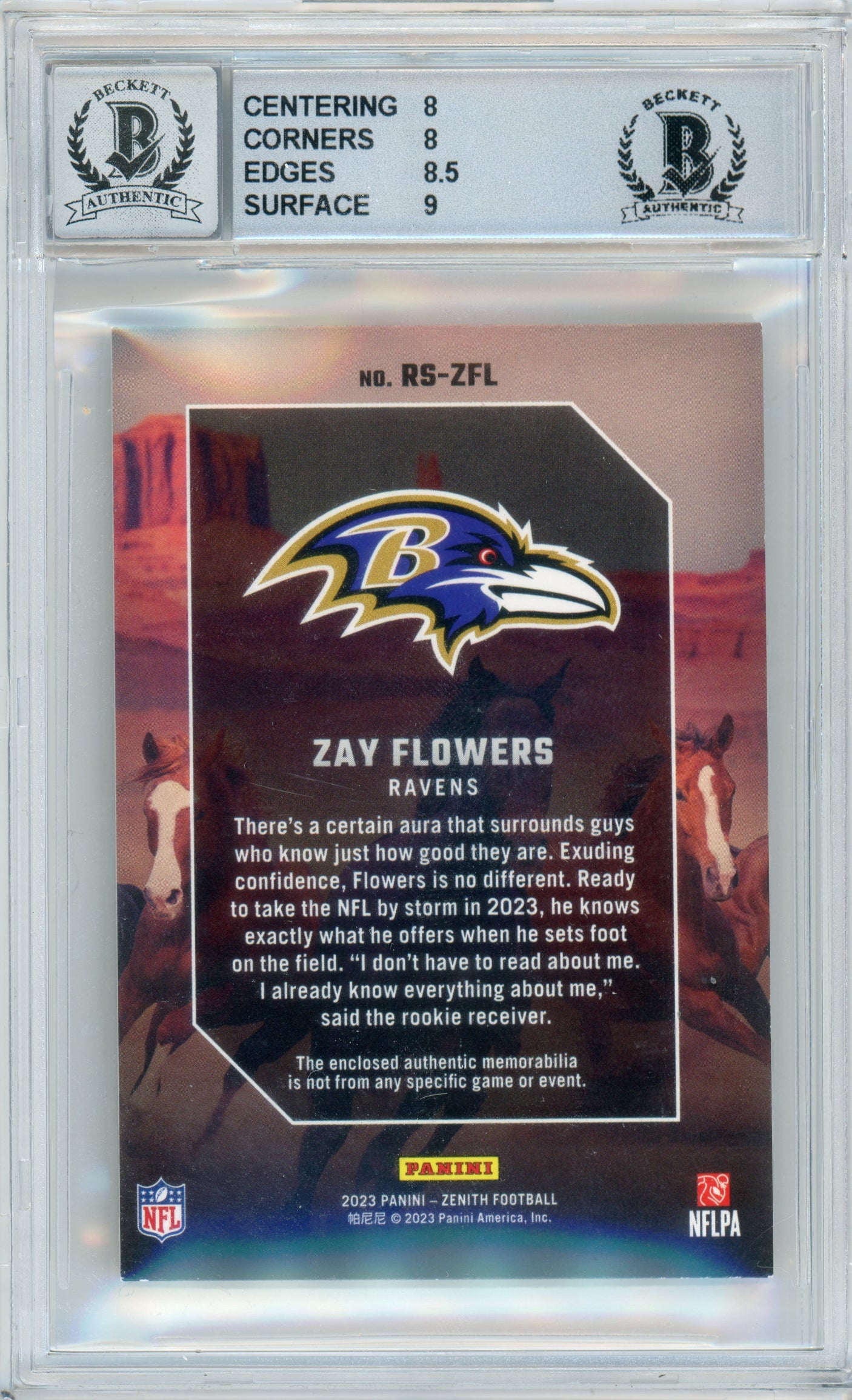 2023 Zenith Rookie Stallions Jerseys #40 Zay Flowers RC Ravens BGS 8 Auto 10