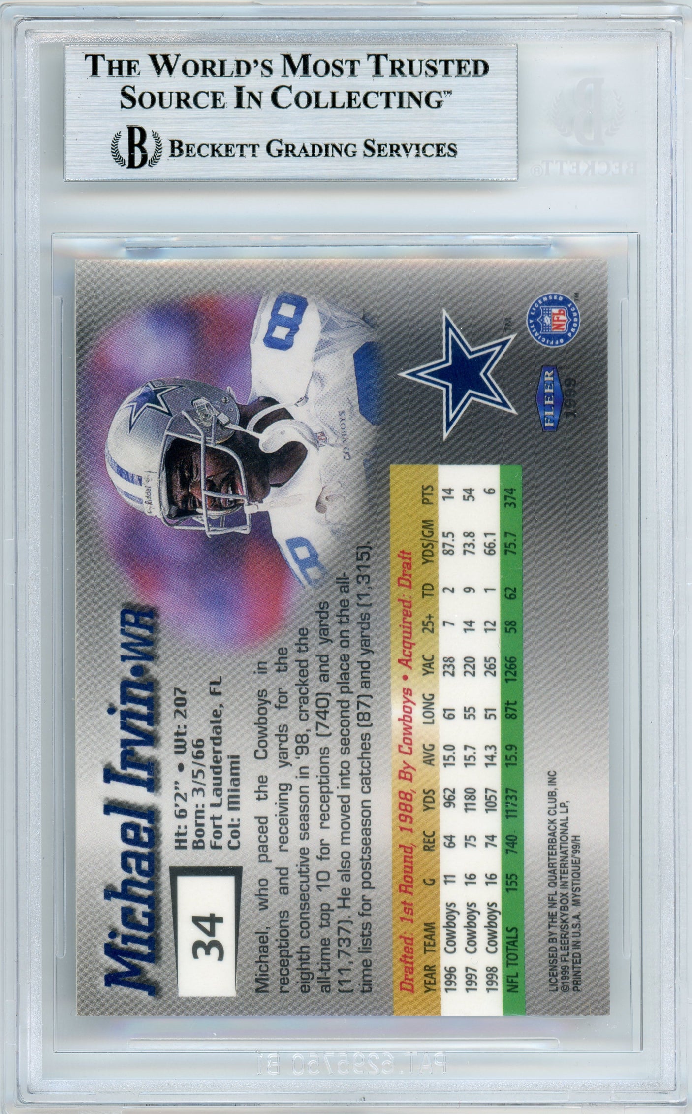 1999 Fleer Mystique #34 Michael Irvin Dallas Cowboys BGS Autograph