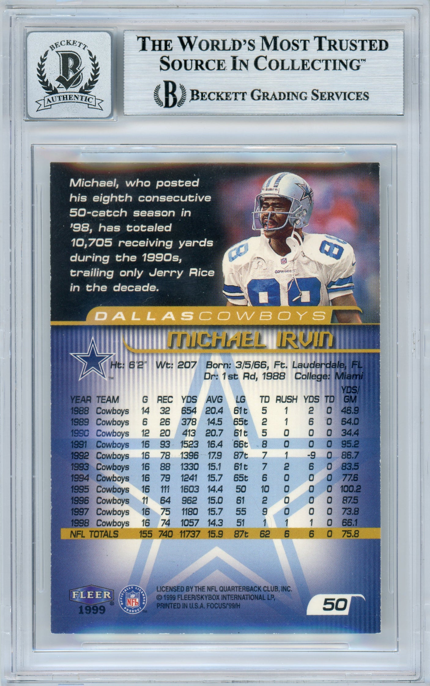 1999 Fleer Focus #50 Michael Irvin Dallas Cowboys BGS Autograph 10