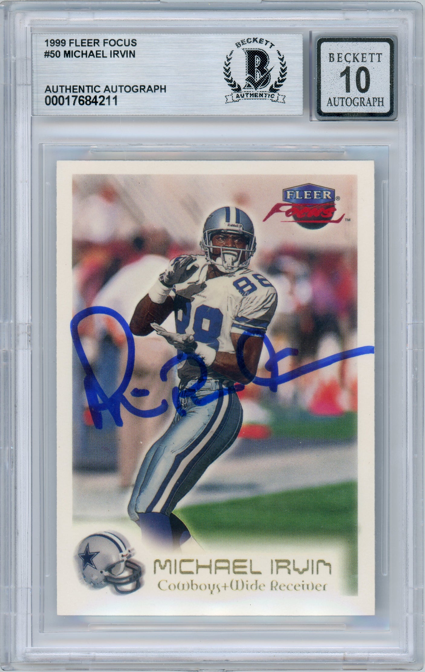 1999 Fleer Focus #50 Michael Irvin Dallas Cowboys BGS Autograph 10