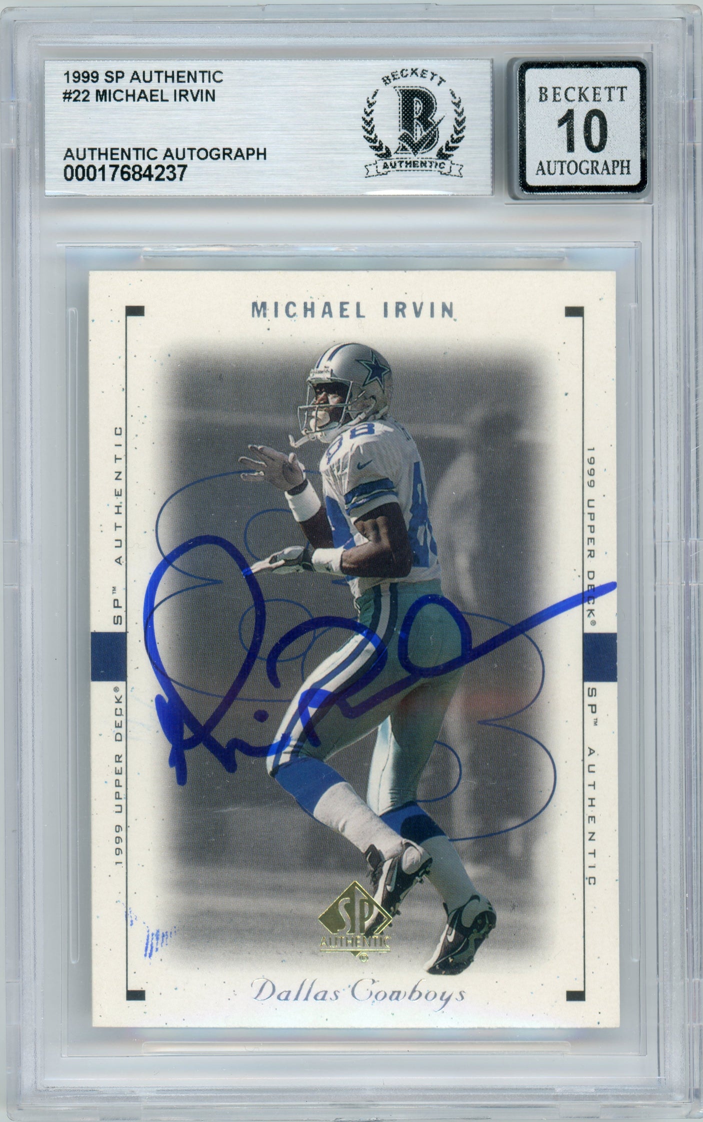 1999 SP Authentic #22 Michael Irvin Dallas Cowboys BGS Autograph 10