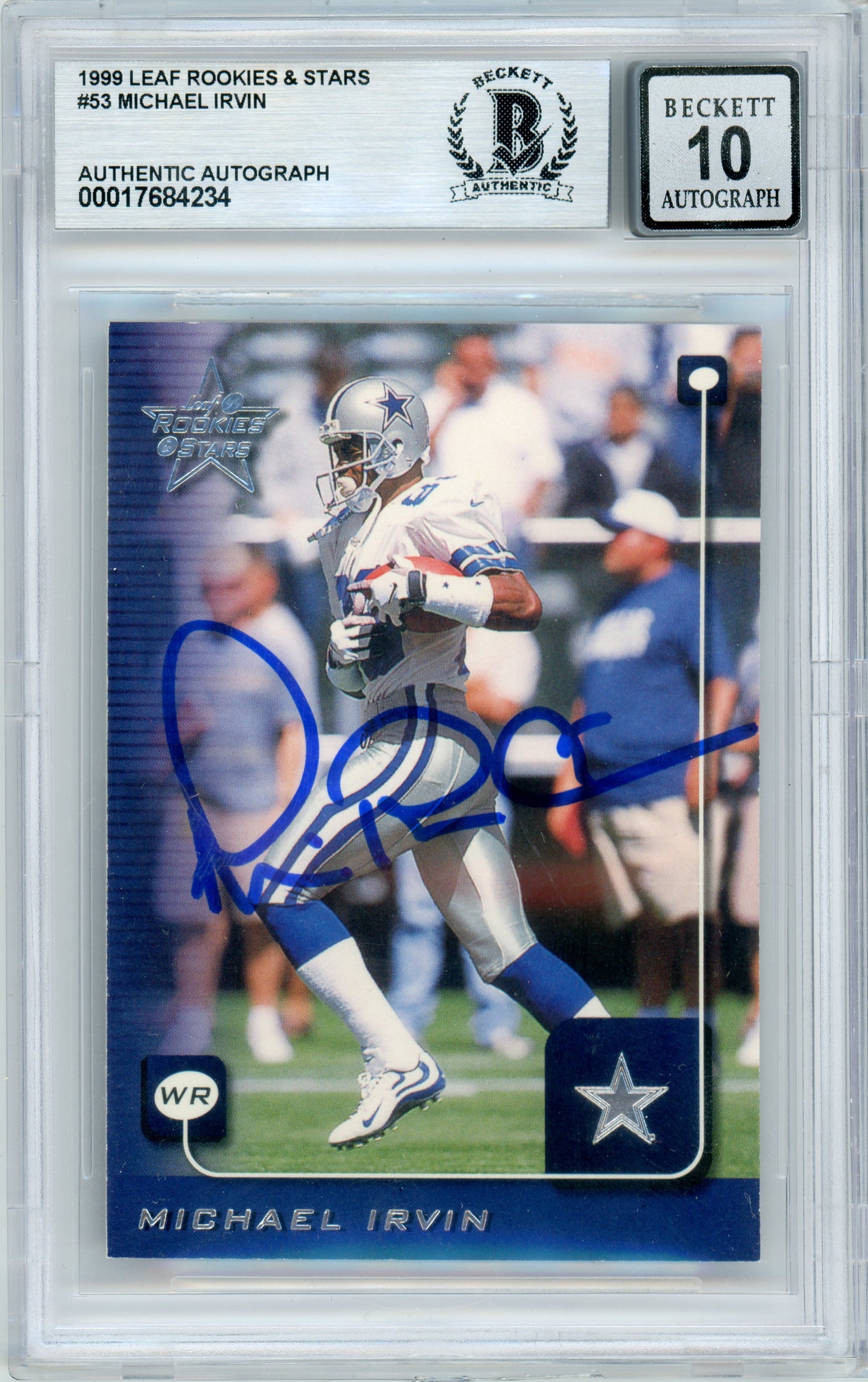 1999 Leaf Rookies & Stars #53 Michael Irvin Dallas Cowboys BGS Autograph 10
