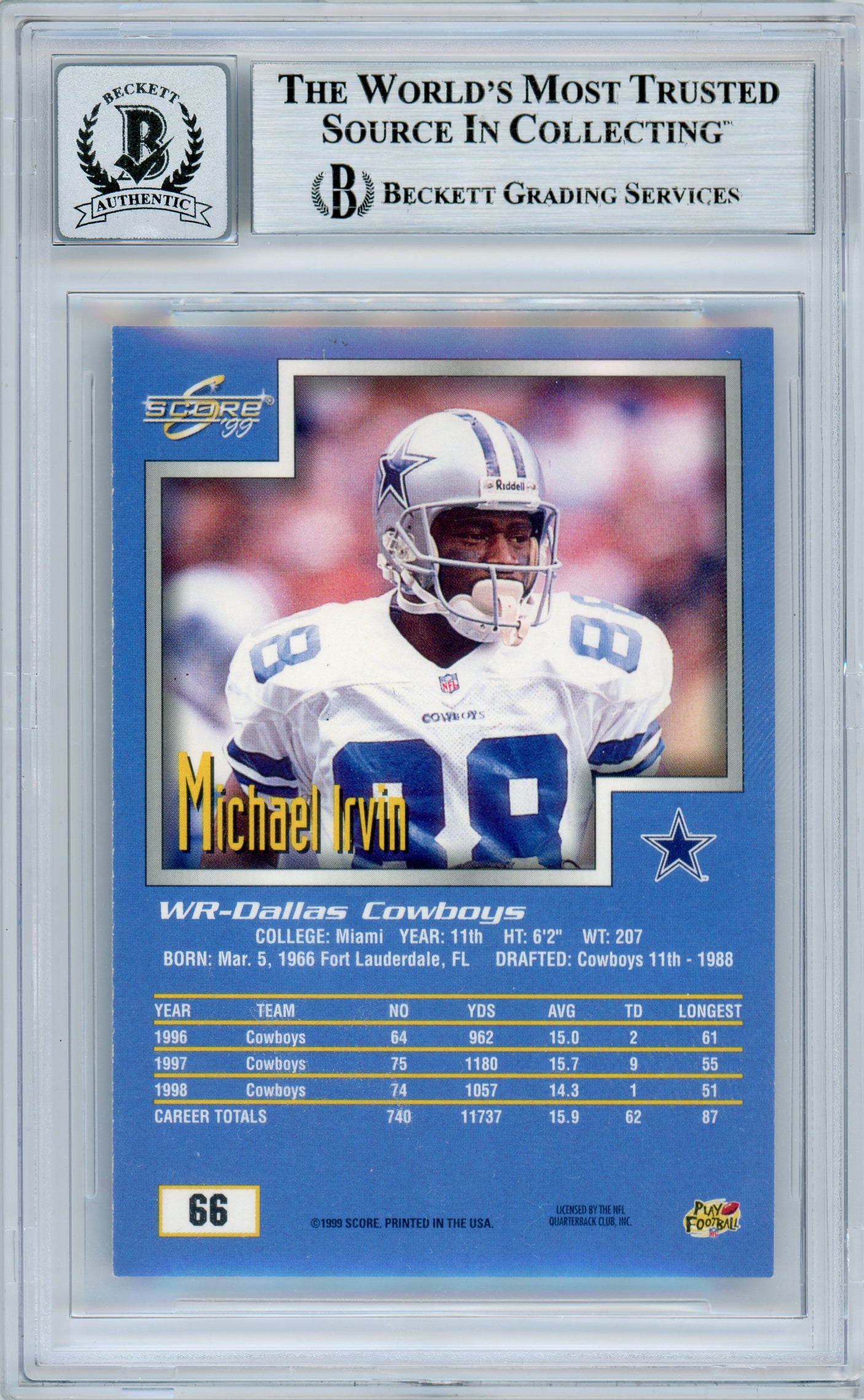 1999 Score #66 Michael Irvin Dallas Cowboys BGS Autograph 10